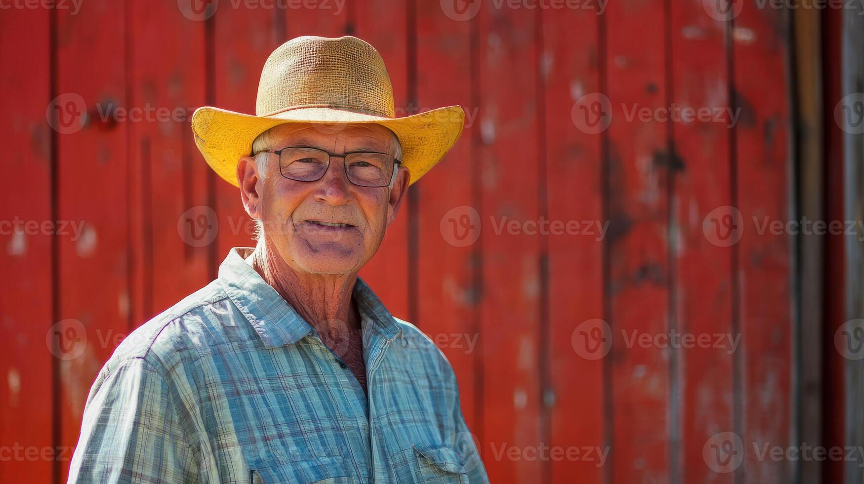 An elderly man wearing a yellow cowboy hat, standing in front of a red barn with a red wooden door, wearing a blue and white plaid shirt. photo