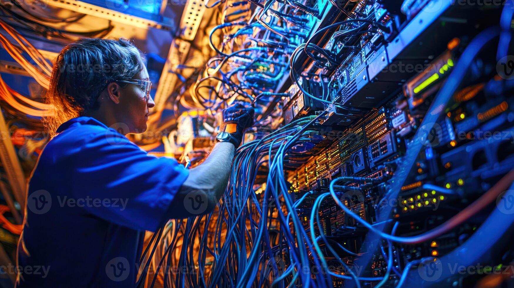 A technician is working on a complex server rack in a data center, surrounded by numerous cables and electronic components. photo