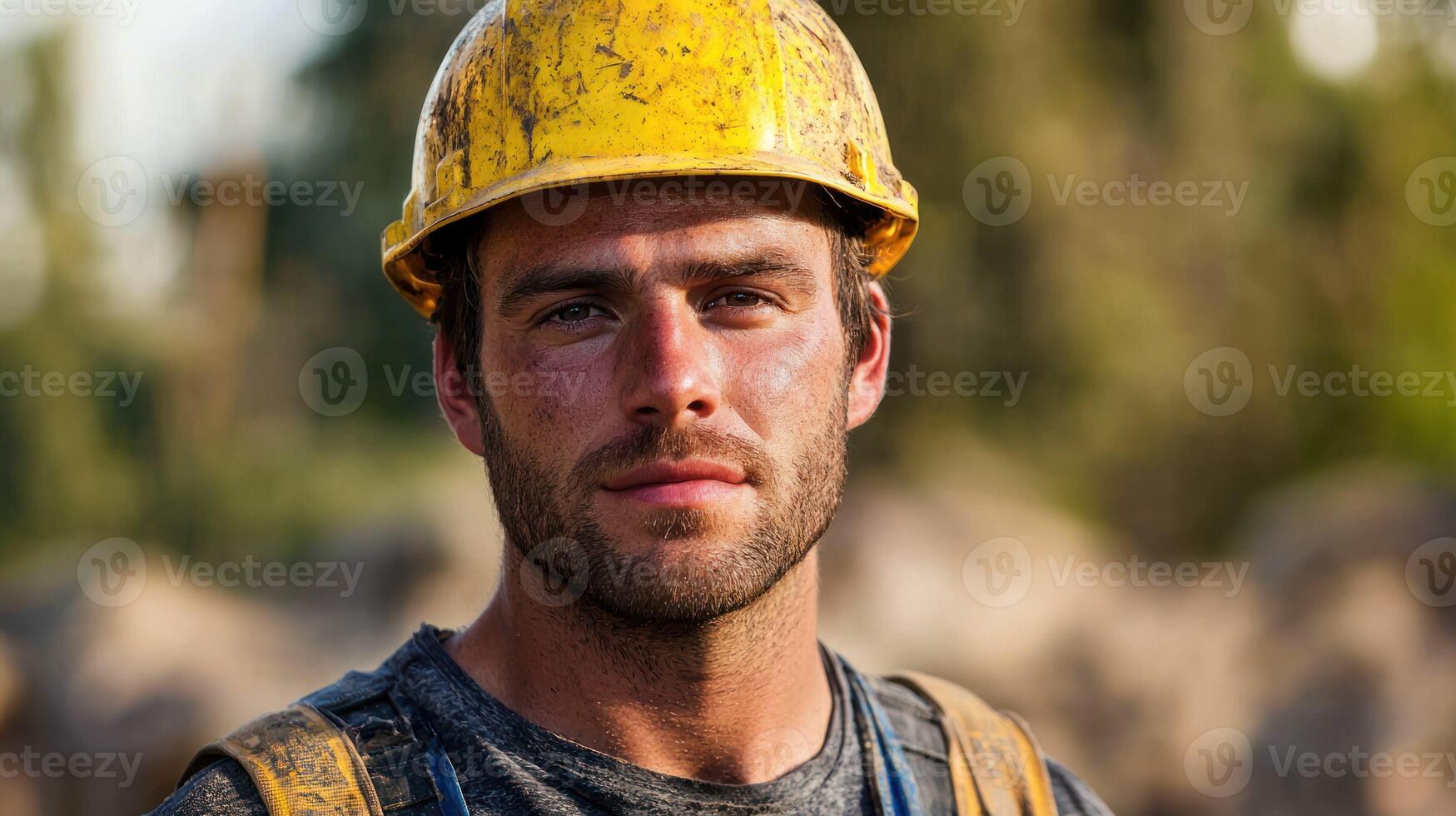 A man wearing a yellow hard hat standing in front of a blurred background of trees and foliage. photo