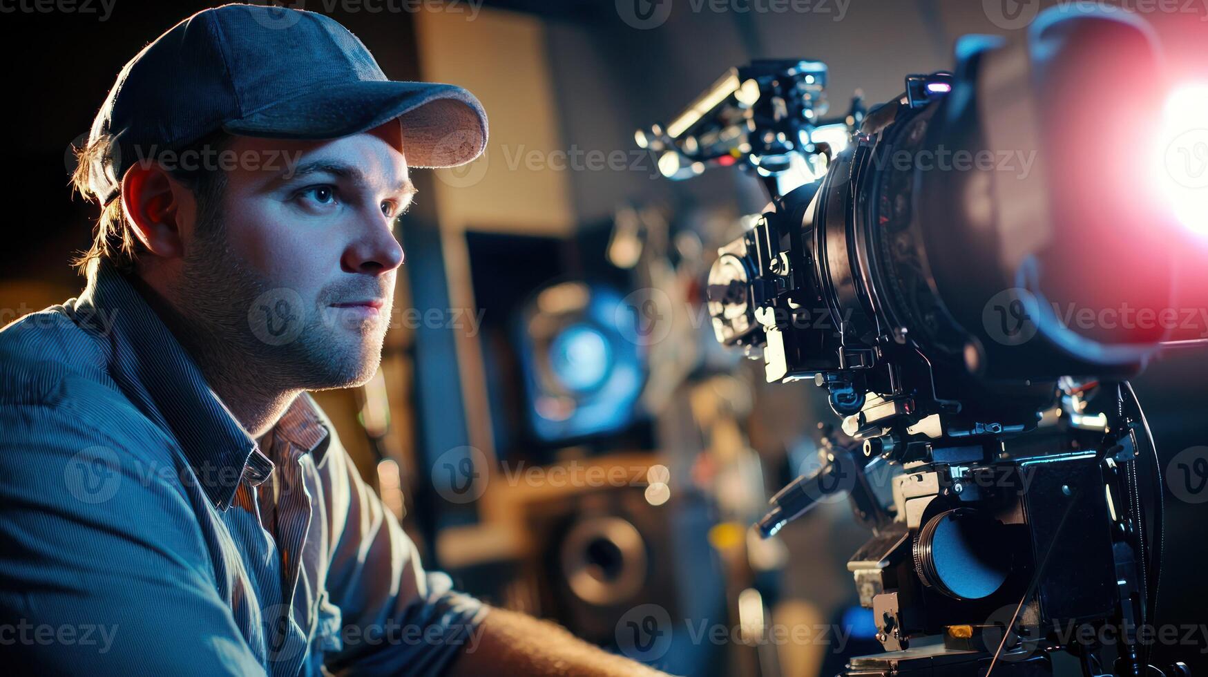 A man in a cap, wearing a blue shirt, is sitting in front of a large camera, with a blurred background featuring a television screen and other equipment. photo