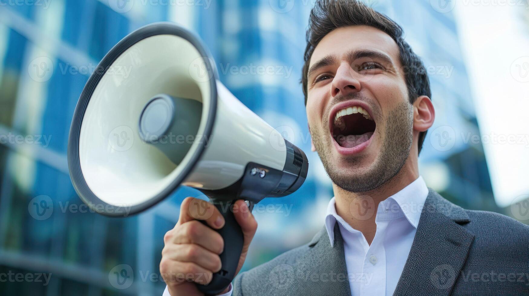 A man in a suit shouting into a megaphone in front of a modern office building. photo