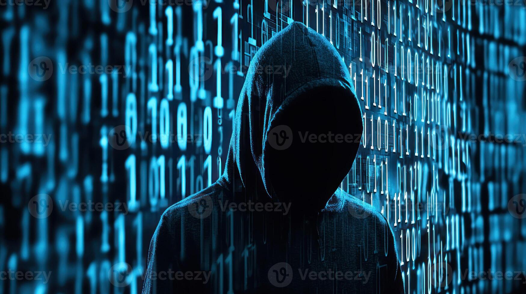 A hooded figure in front of a binary code wall photo