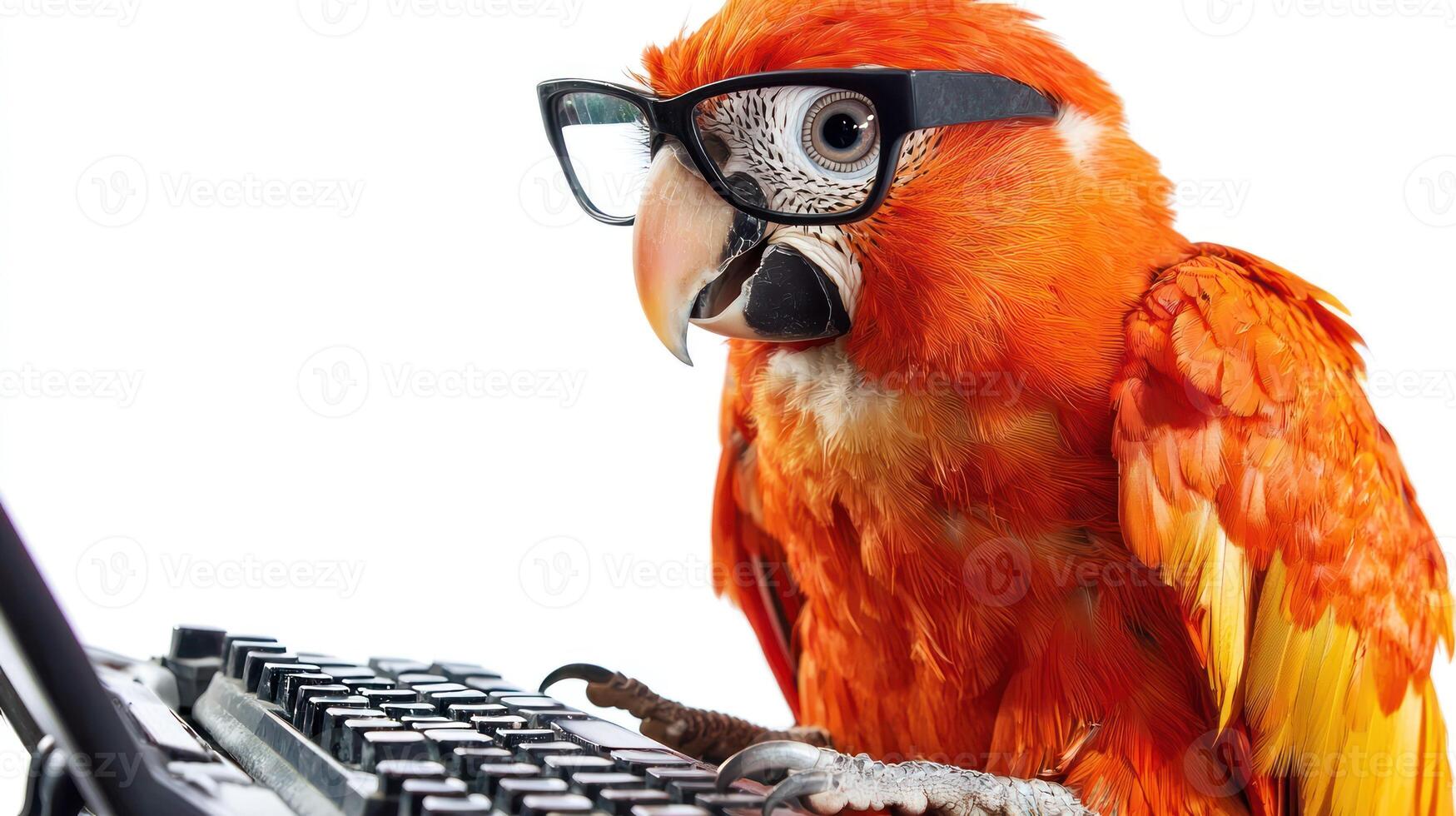 A colorful parrot wearing glasses, perched on a computer keyboard with a computer monitor in the foreground. photo
