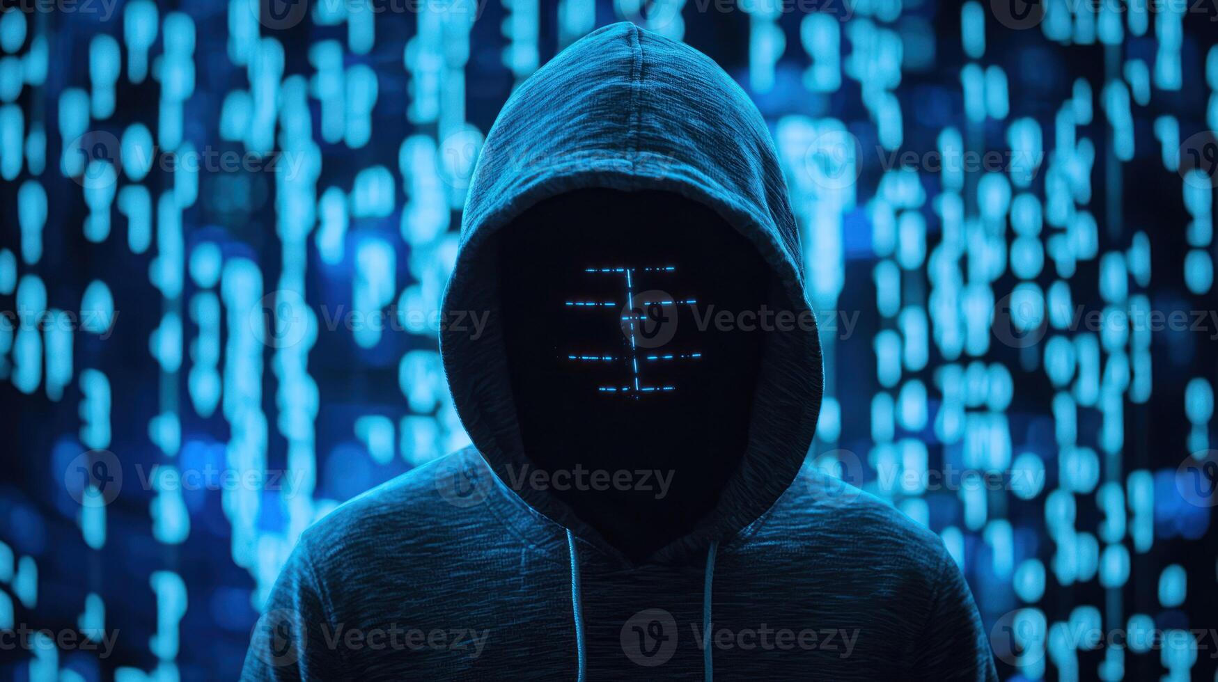 A hooded figure with glowing eyes standing in front of a blue matrix background with binary code. photo
