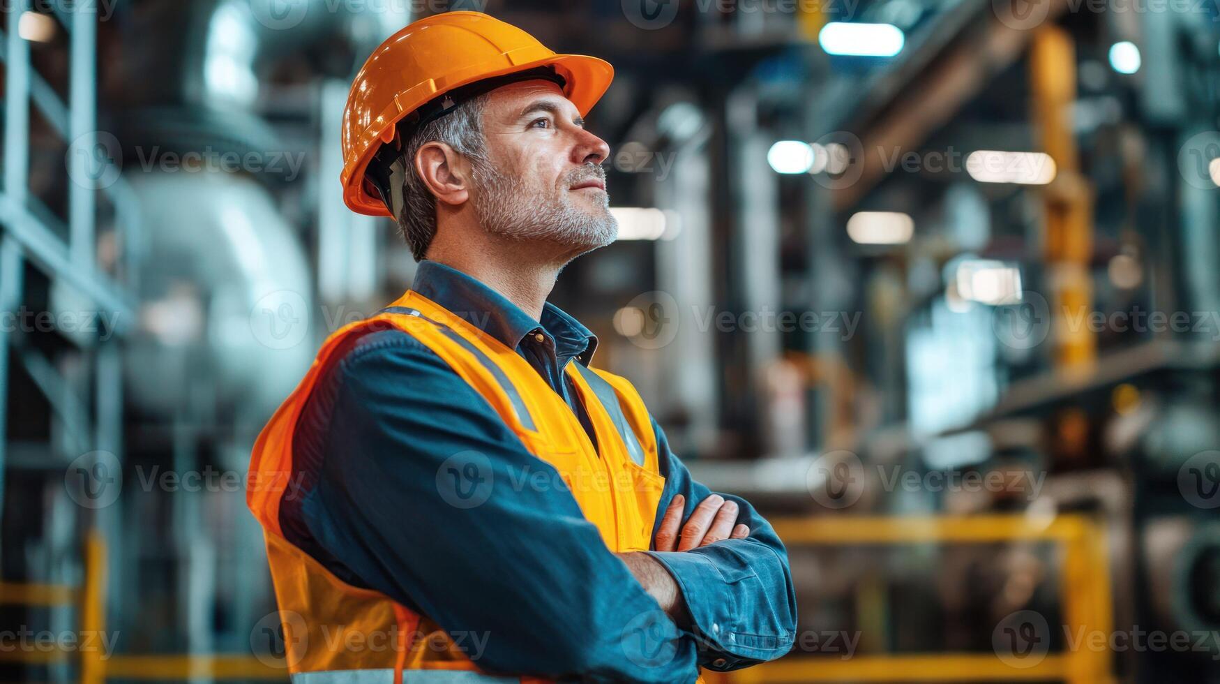 A man in an orange hard hat and safety vest standing in a factory setting, looking up with a serious expression. photo