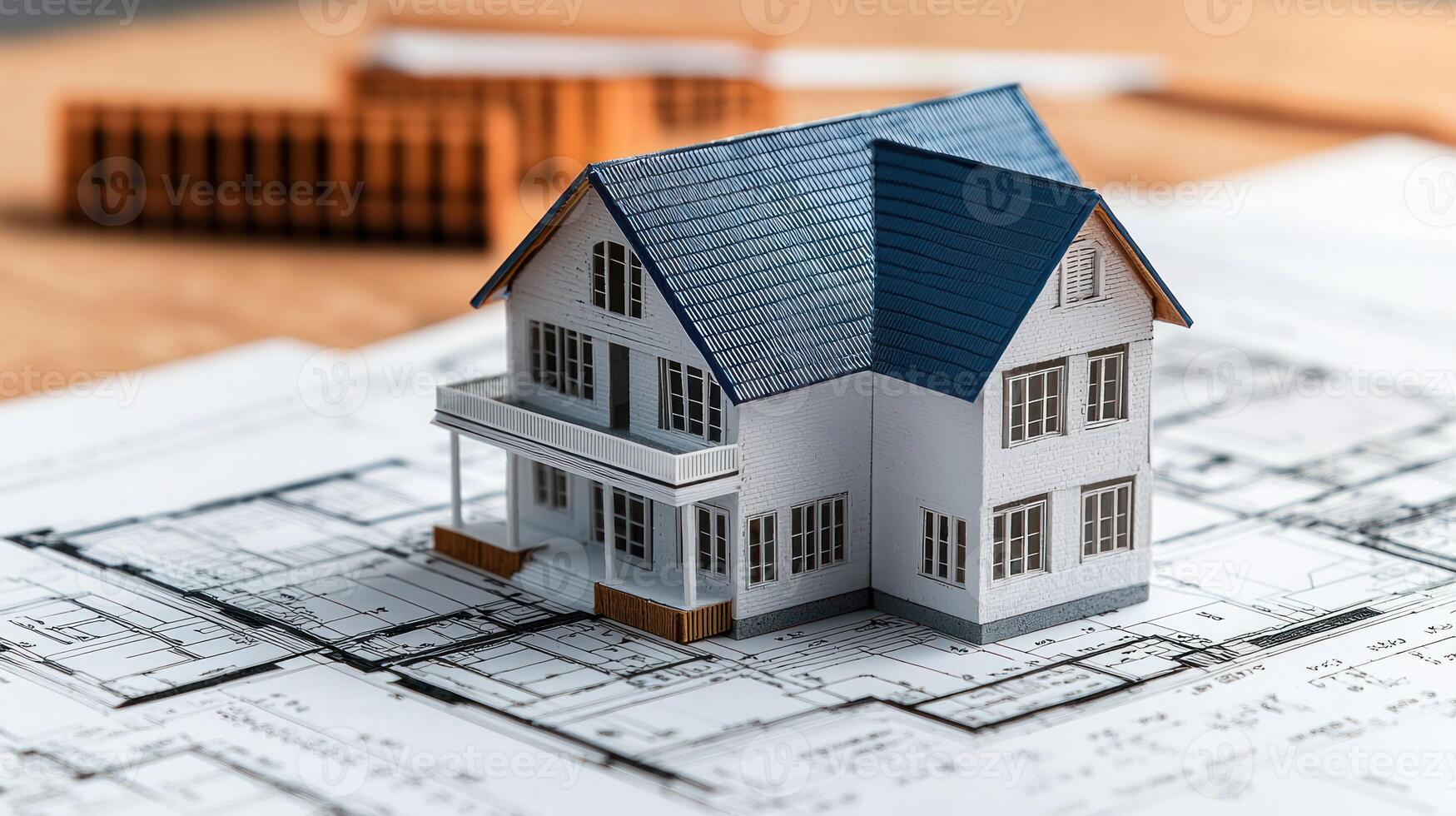 A miniature model of a house on top of architectural plans, with a blue roof and white walls, placed on a wooden table with a blurred background of more architectural plans. photo