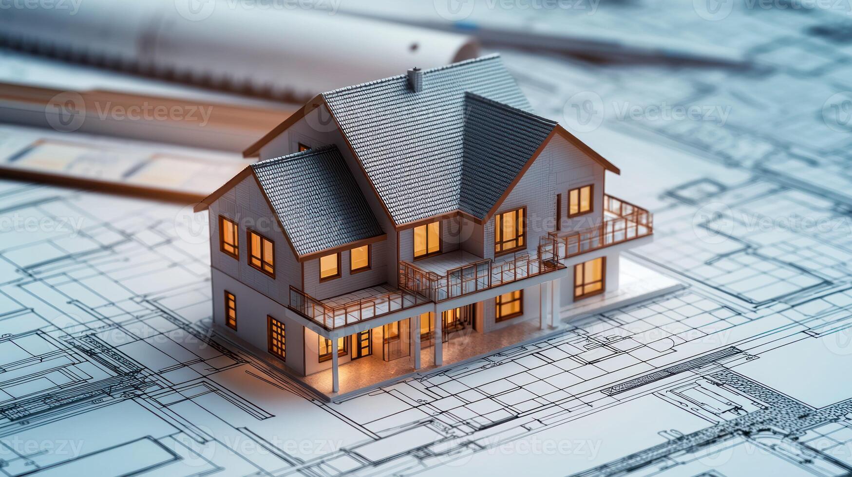 A miniature model of a house with a roof and windows, placed on top of architectural blueprints with a cityscape in the background. photo