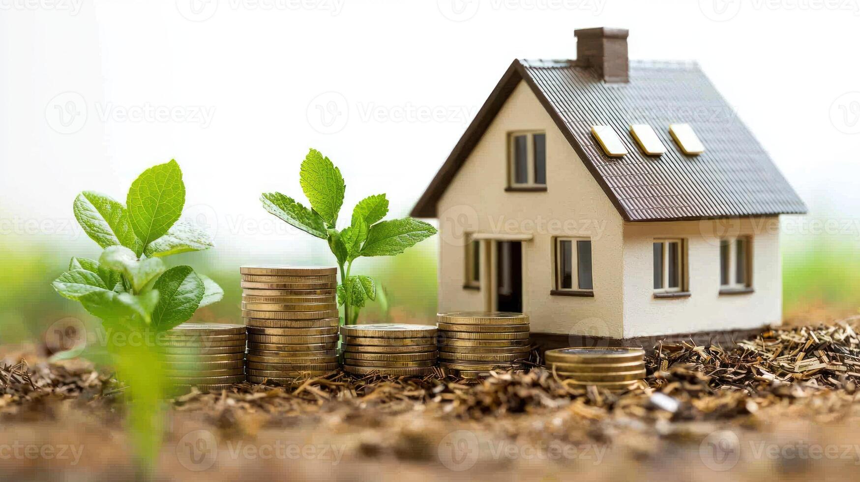 A miniature model house with a roof, windows, and a chimney, placed on a bed of soil with a green plant growing out of it. photo