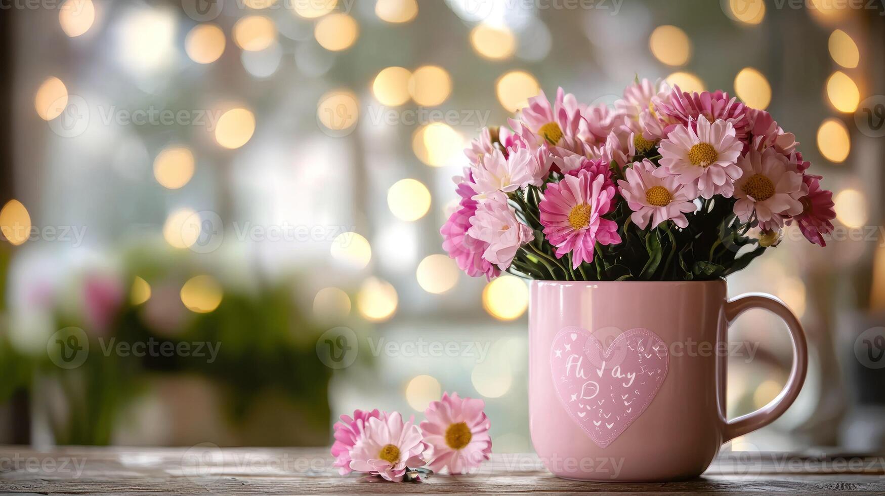 A pink mug with a heart on it, filled with pink flowers, sitting on a wooden table with a window in the background, emitting a warm glow. photo