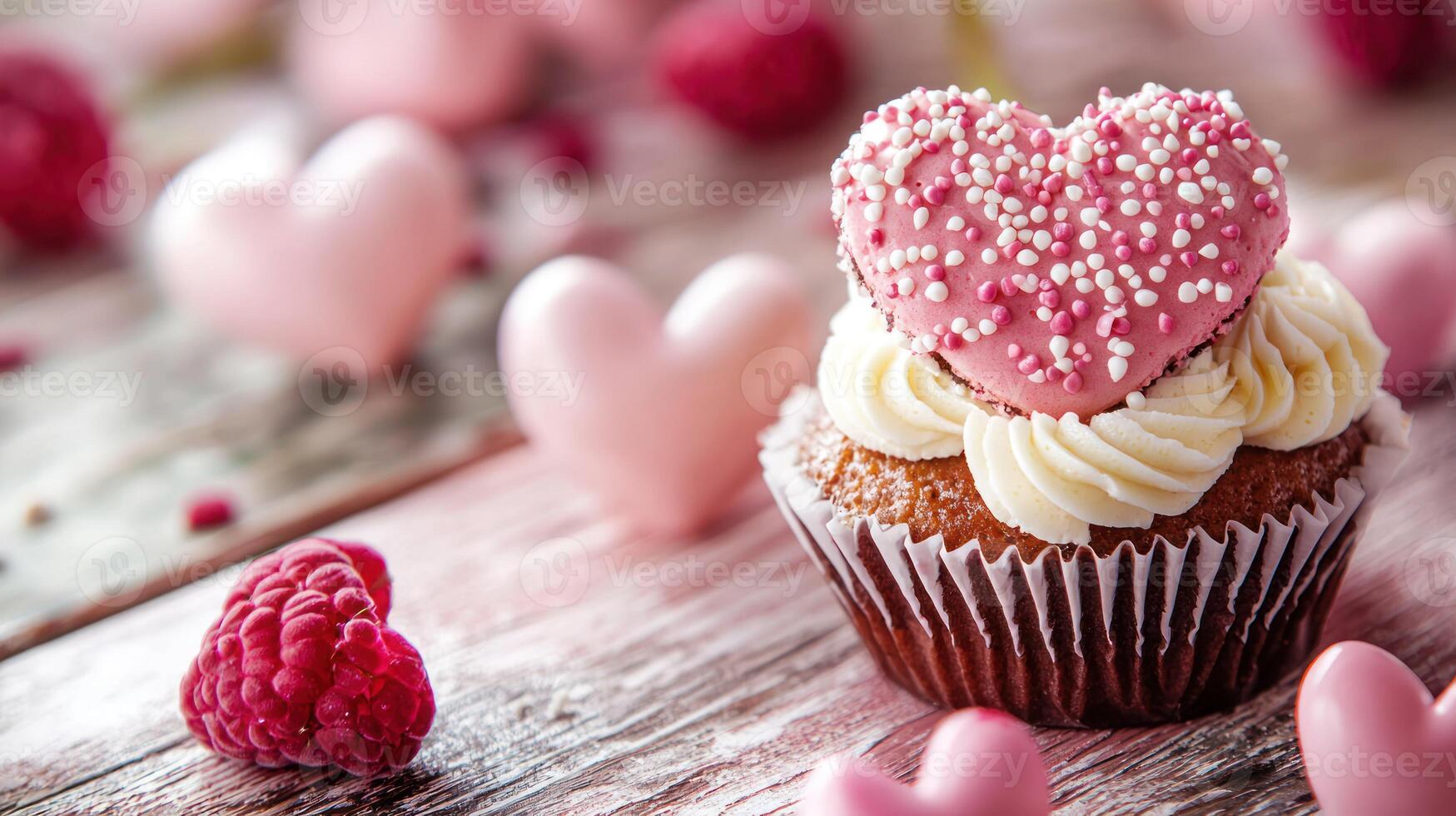 A pink and white cupcake with a heart-shaped topping, surrounded by raspberries and pink hearts on a rustic wooden table. photo