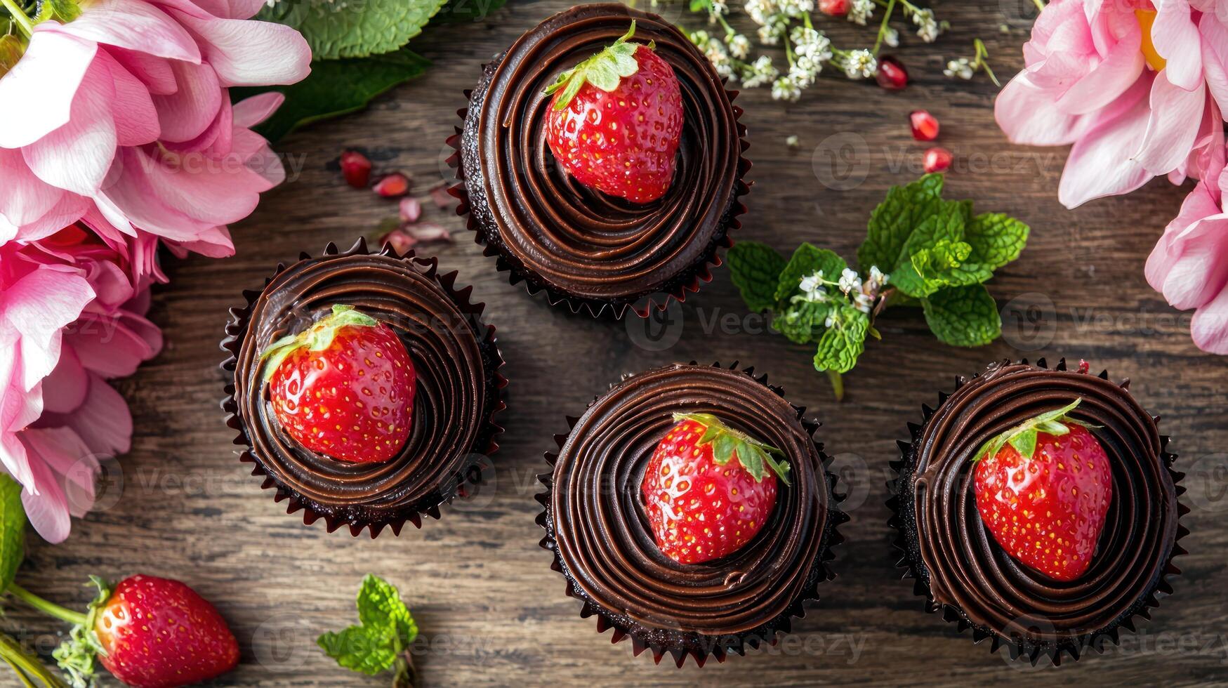 Four chocolate cupcakes with strawberries on top, arranged on a wooden table with flowers and leaves. photo