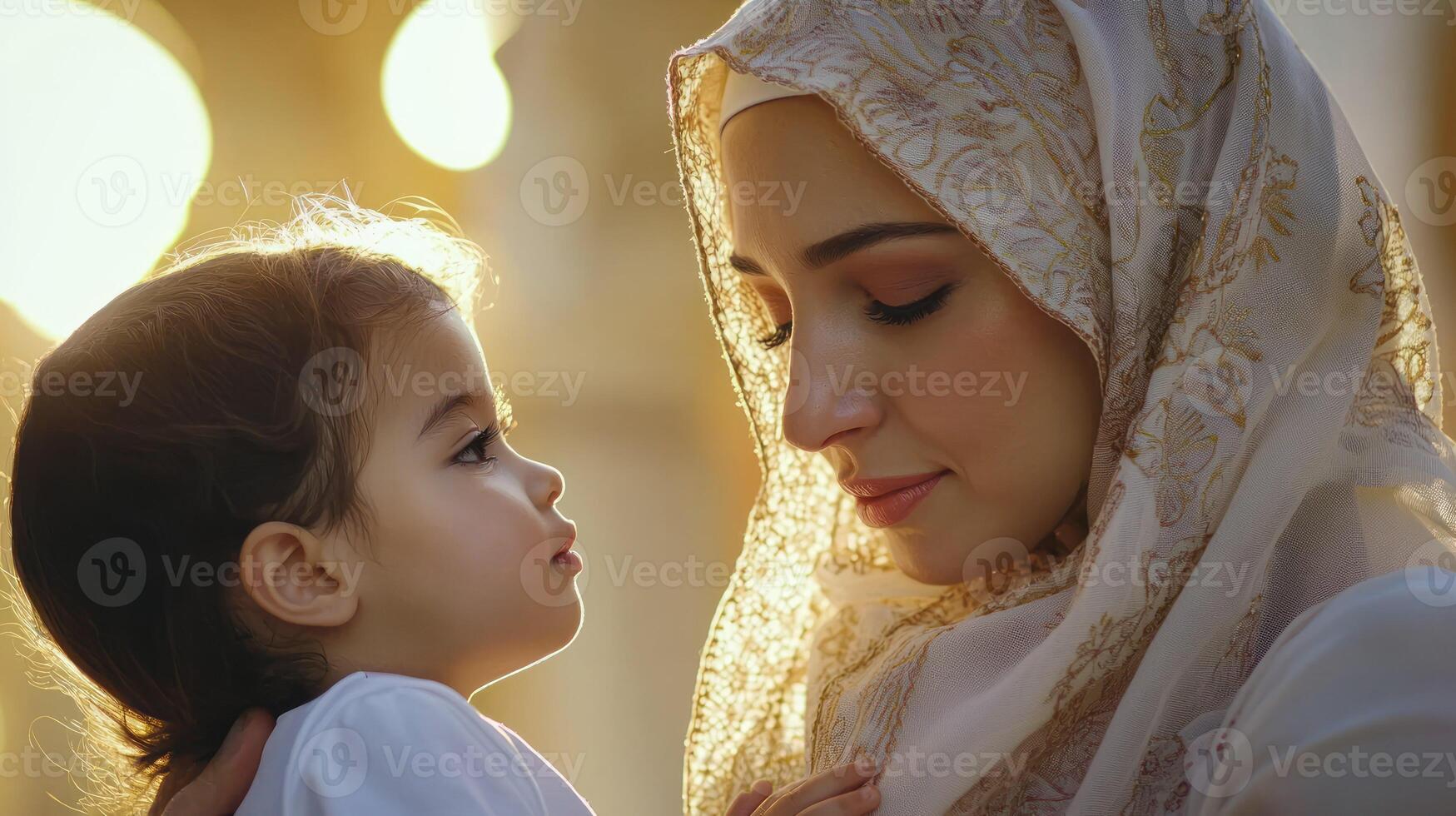 A young girl in a white dress holding a small child in her arms, both wearing traditional Islamic headscarves, standing outdoors with a warm, golden light in the background. photo