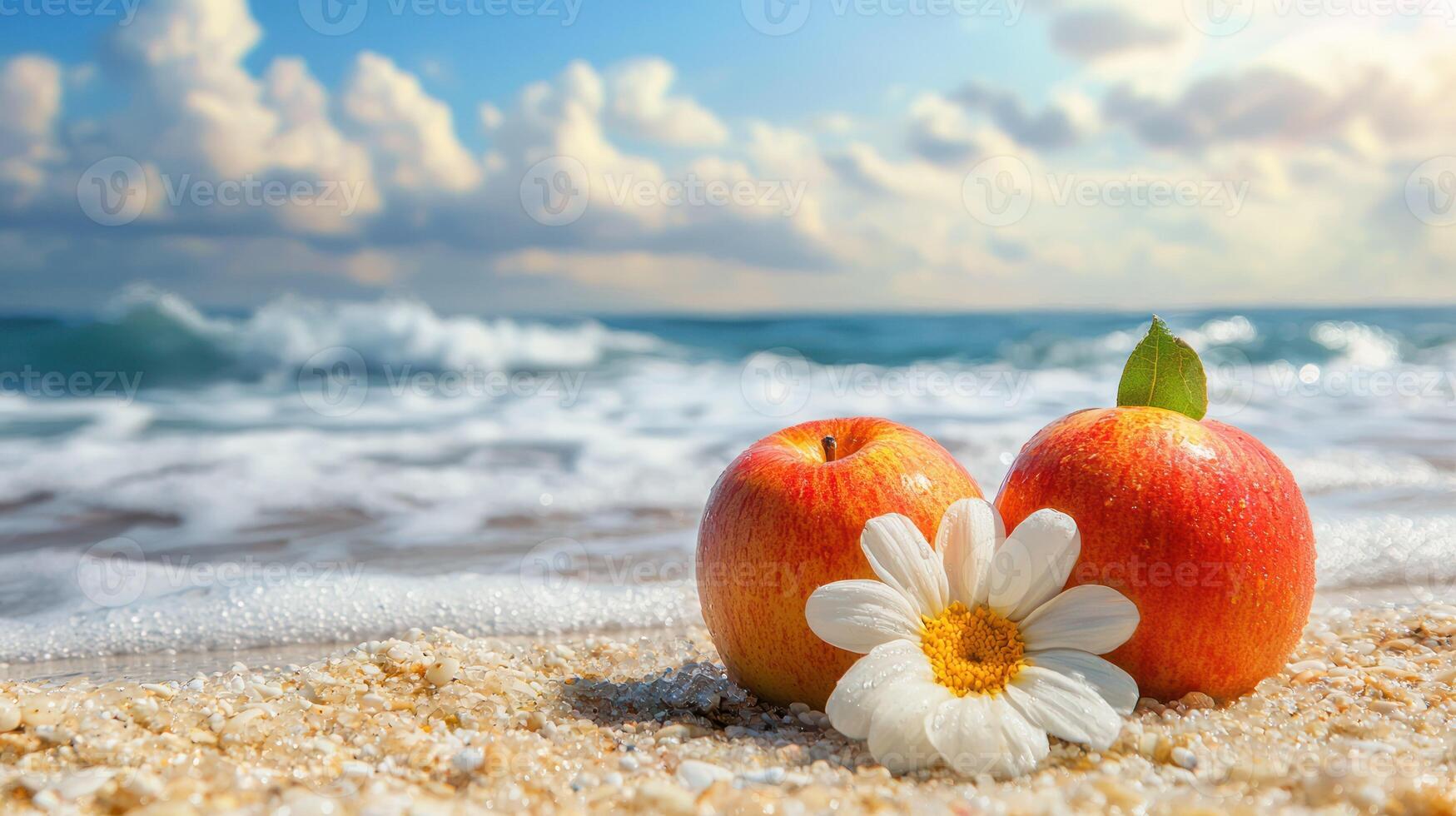 Two red apples with green leaves on a sandy beach with waves in the background. photo