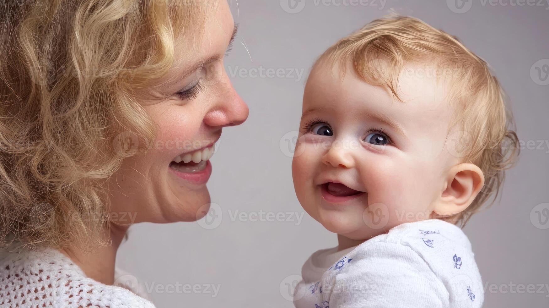 A woman holding a baby in her arms, both smiling and looking at each other. photo