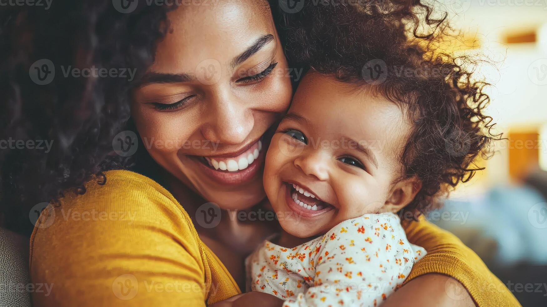 A young woman and a baby smiling and hugging each other in a cozy living room with a couch and a window in the background. photo
