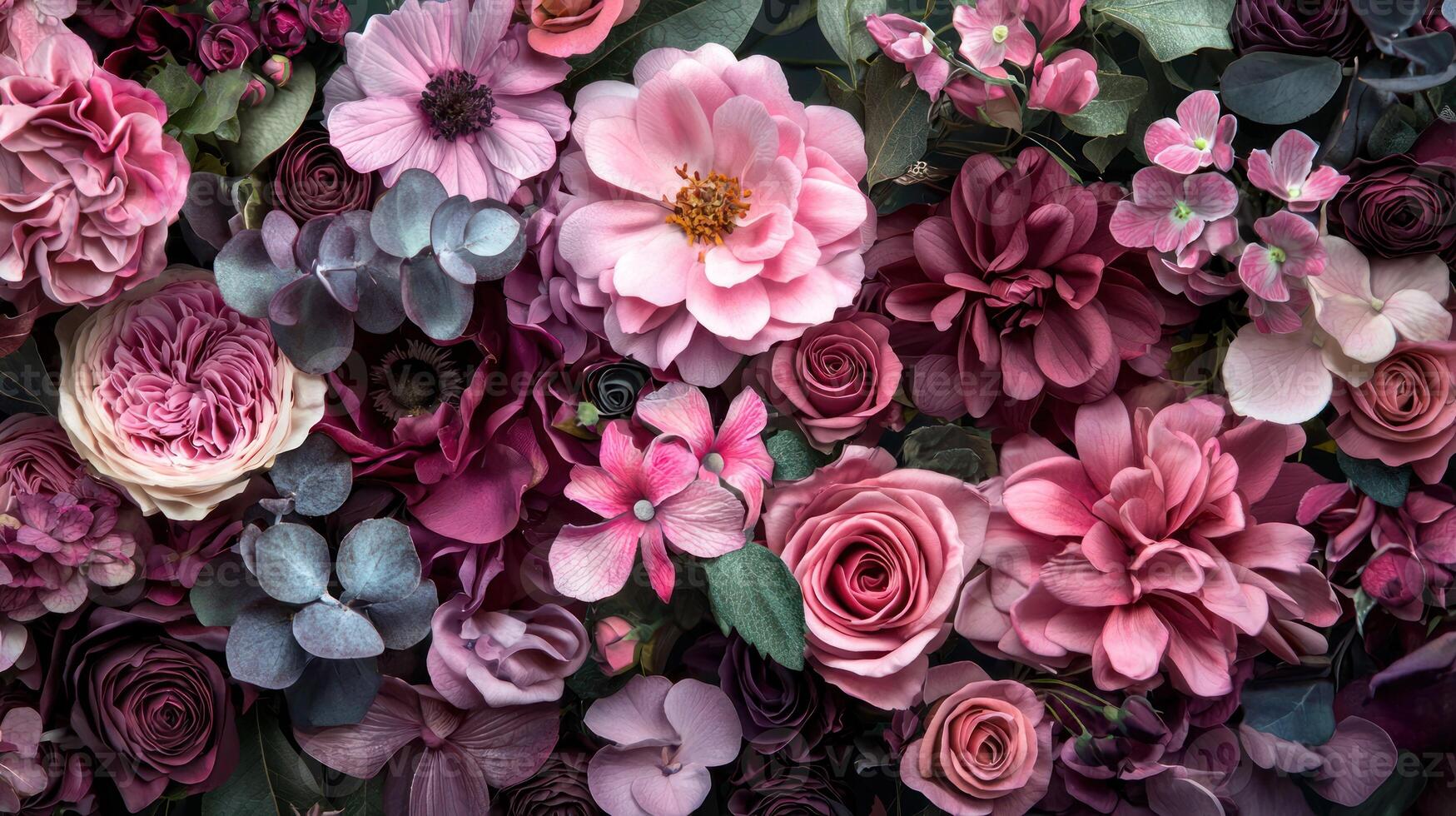 A vibrant, colorful arrangement of pink and purple flowers, including roses, dahlia, and hydrangea, set against a dark green background with a mix of green and purple leaves. photo