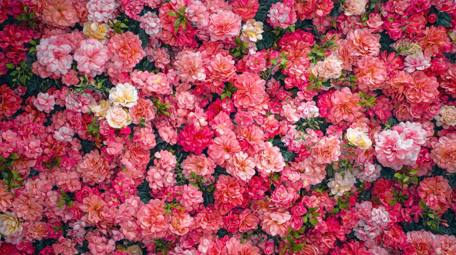 A vibrant, colorful flower arrangement in shades of pink, red, and orange, with a mix of large and small flowers, set against a dark green background. photo