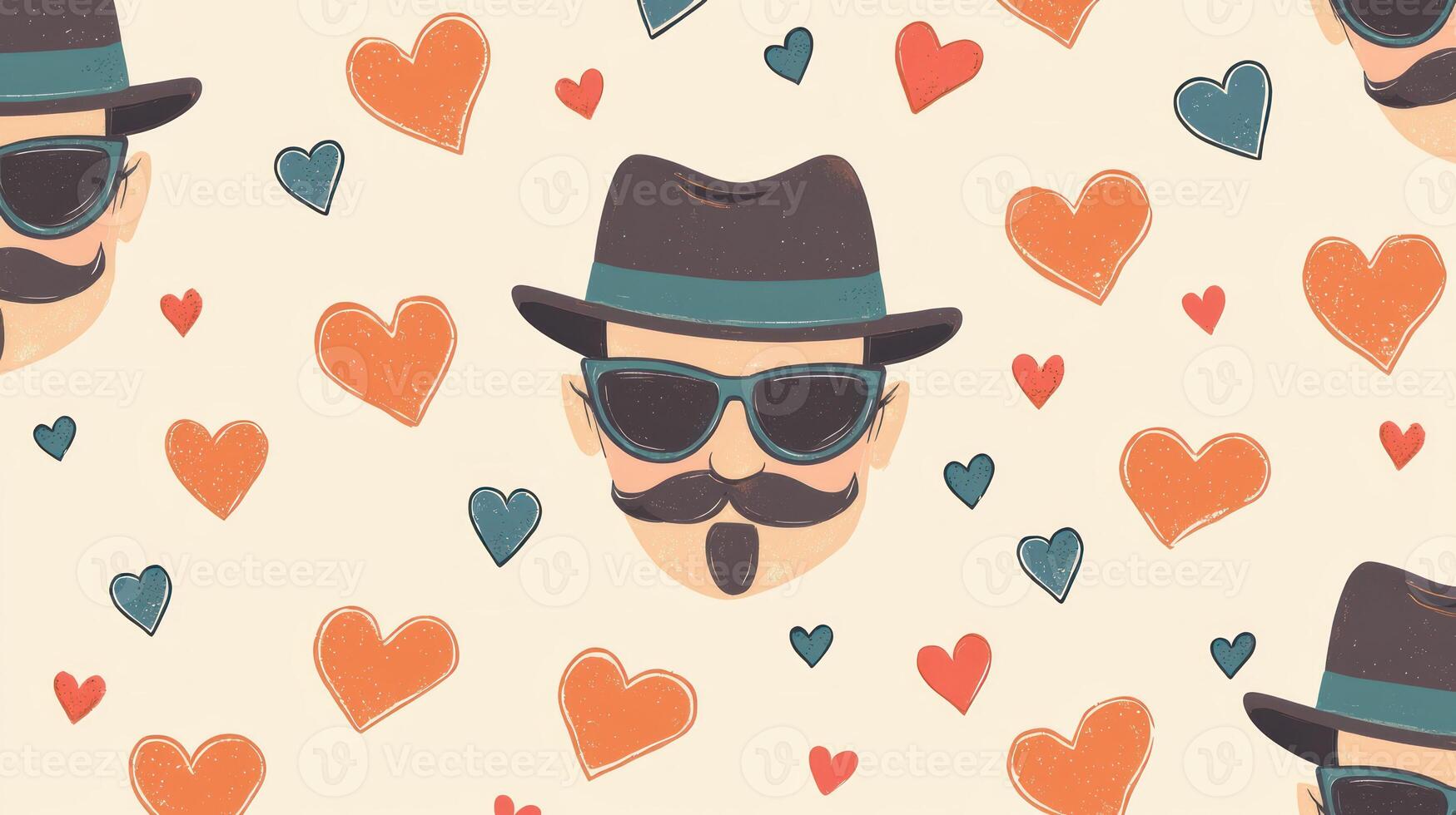 A man with a mustache and sunglasses, wearing a black hat, surrounded by hearts in a beige background. photo