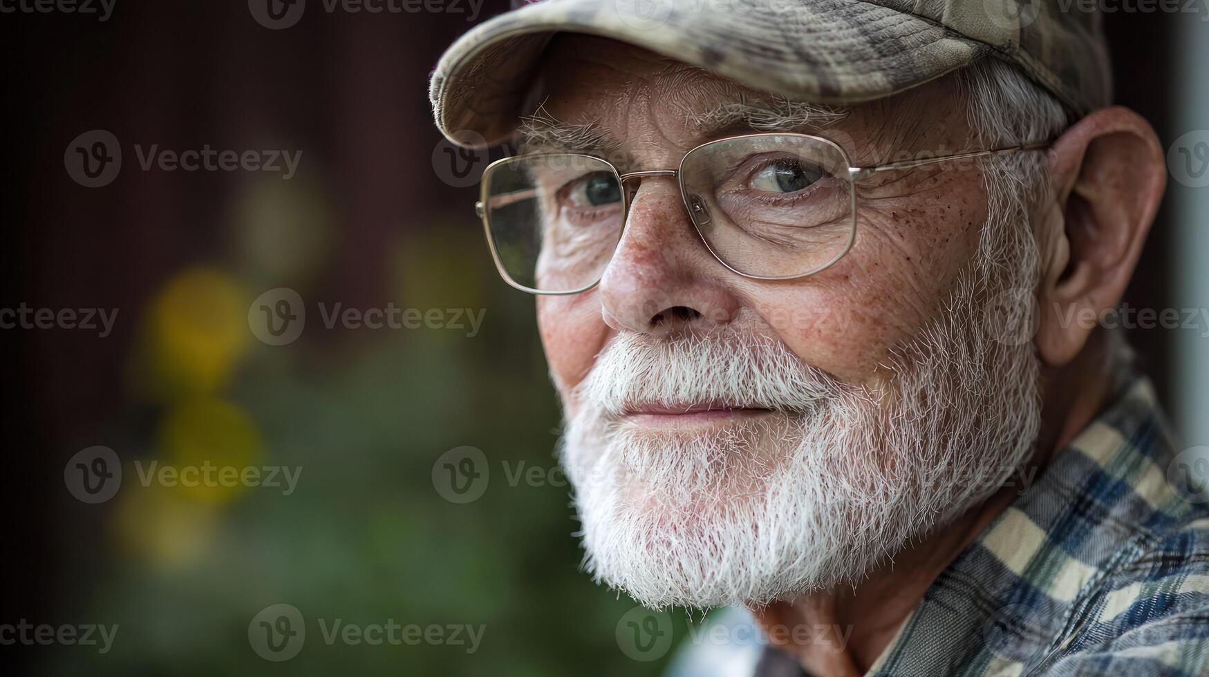 An elderly man with a beard and glasses, wearing a hat, looking at the camera with a serious expression. photo