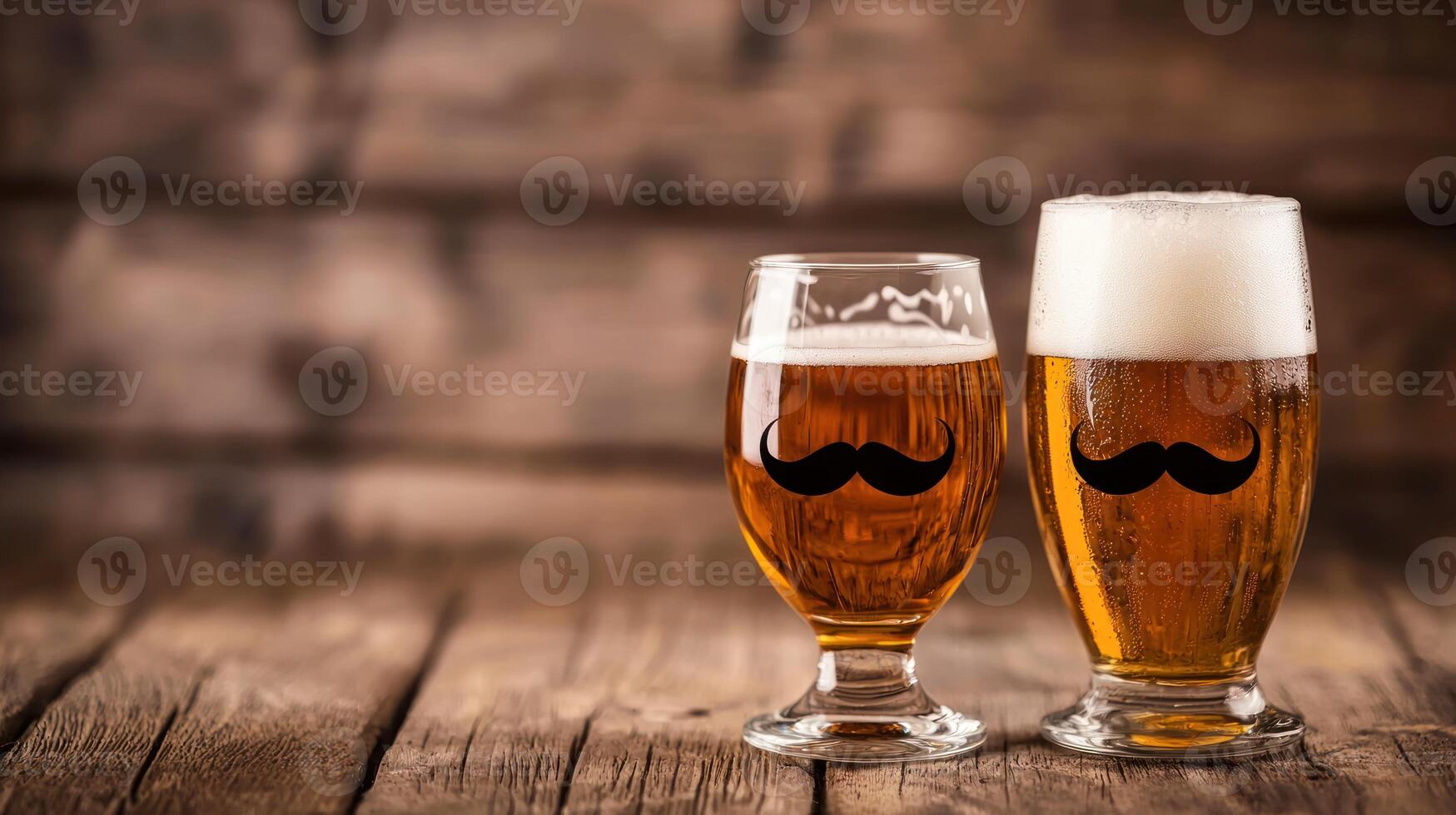 Two glasses of beer with mustache stickers on them, placed on a wooden table with a rustic background. photo