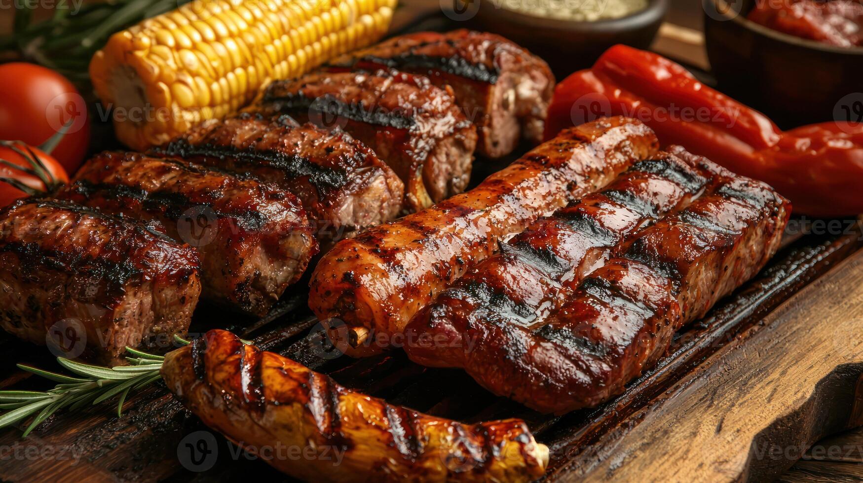 A variety of grilled meats and vegetables on a wooden cutting board with a corn cob and tomatoes in the background. photo