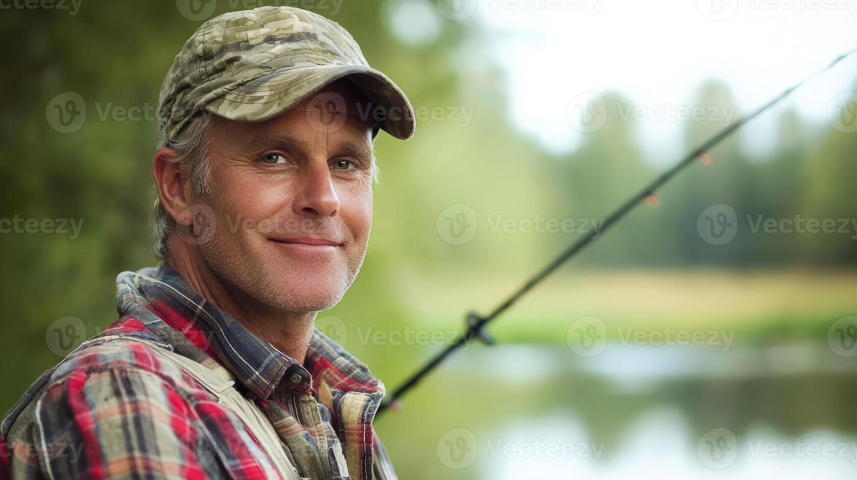 A man wearing a cap, holding a fishing rod, standing next to a lake with trees in the background. photo