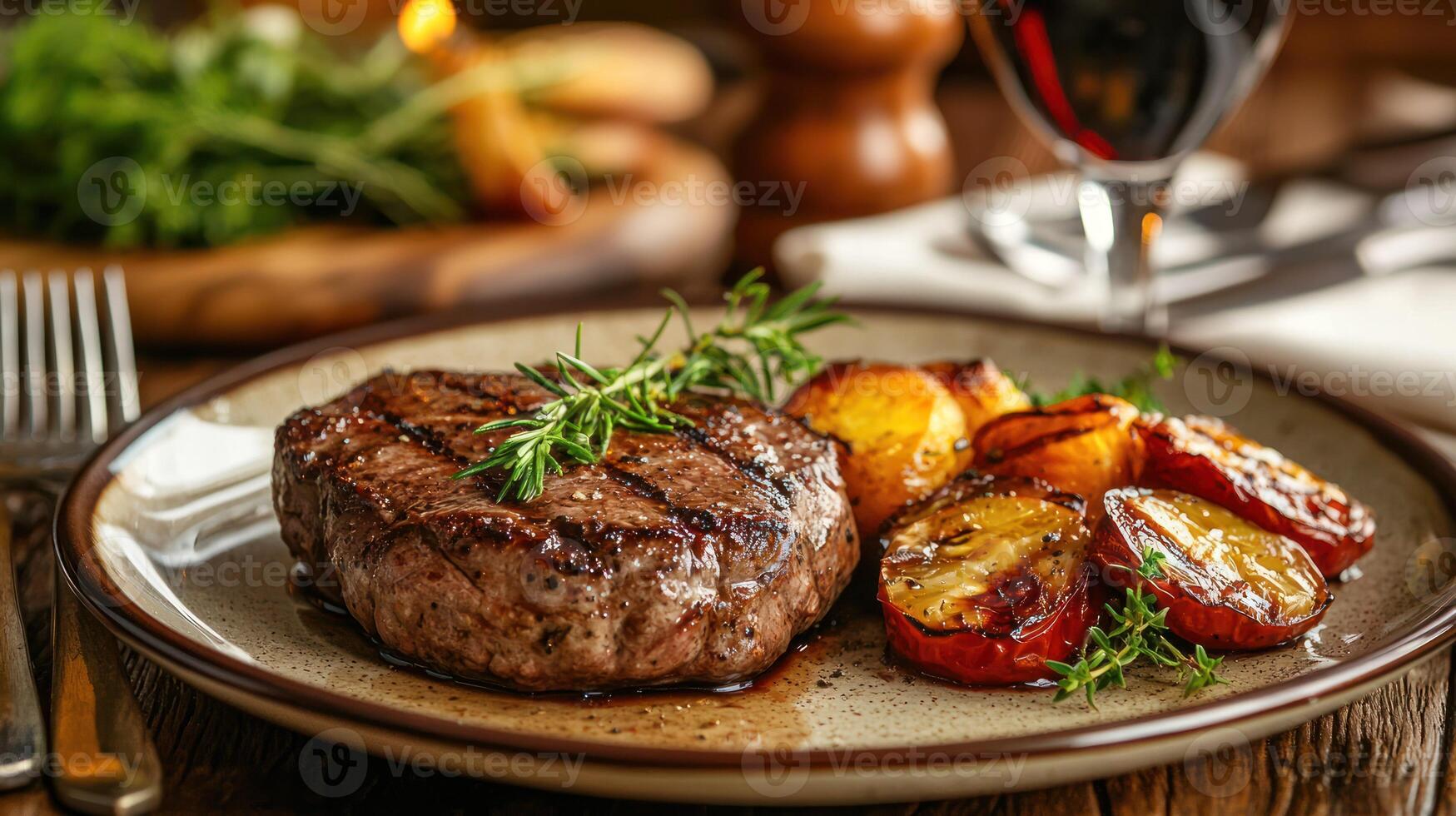 A plate of grilled steak with roasted potatoes and grilled apples on a rustic wooden table with a glass of red wine and a fork. photo