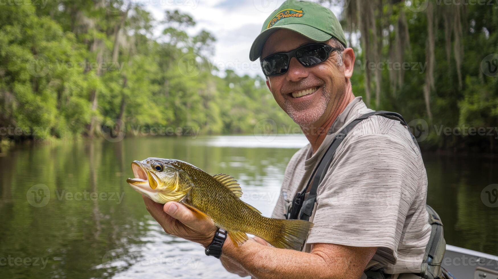 A man holding a small fish in a river with lush green trees in the background. photo