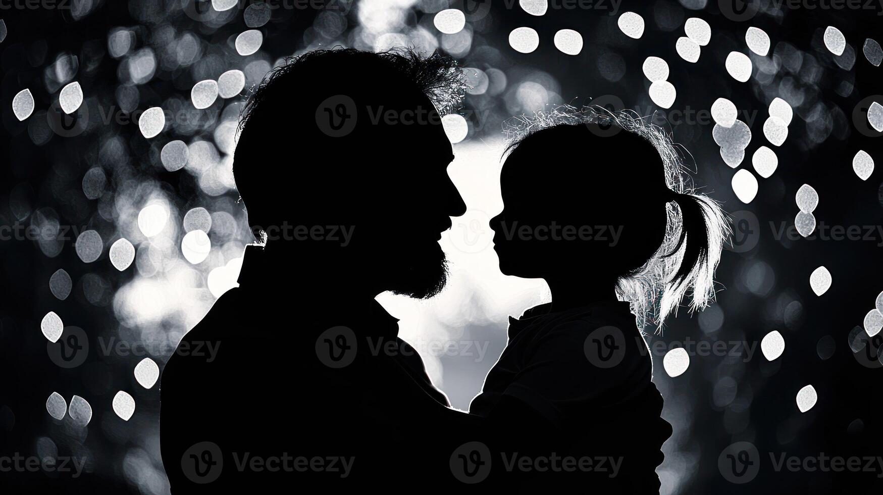 A silhouette of a man and a child against a blurred background of lights. photo