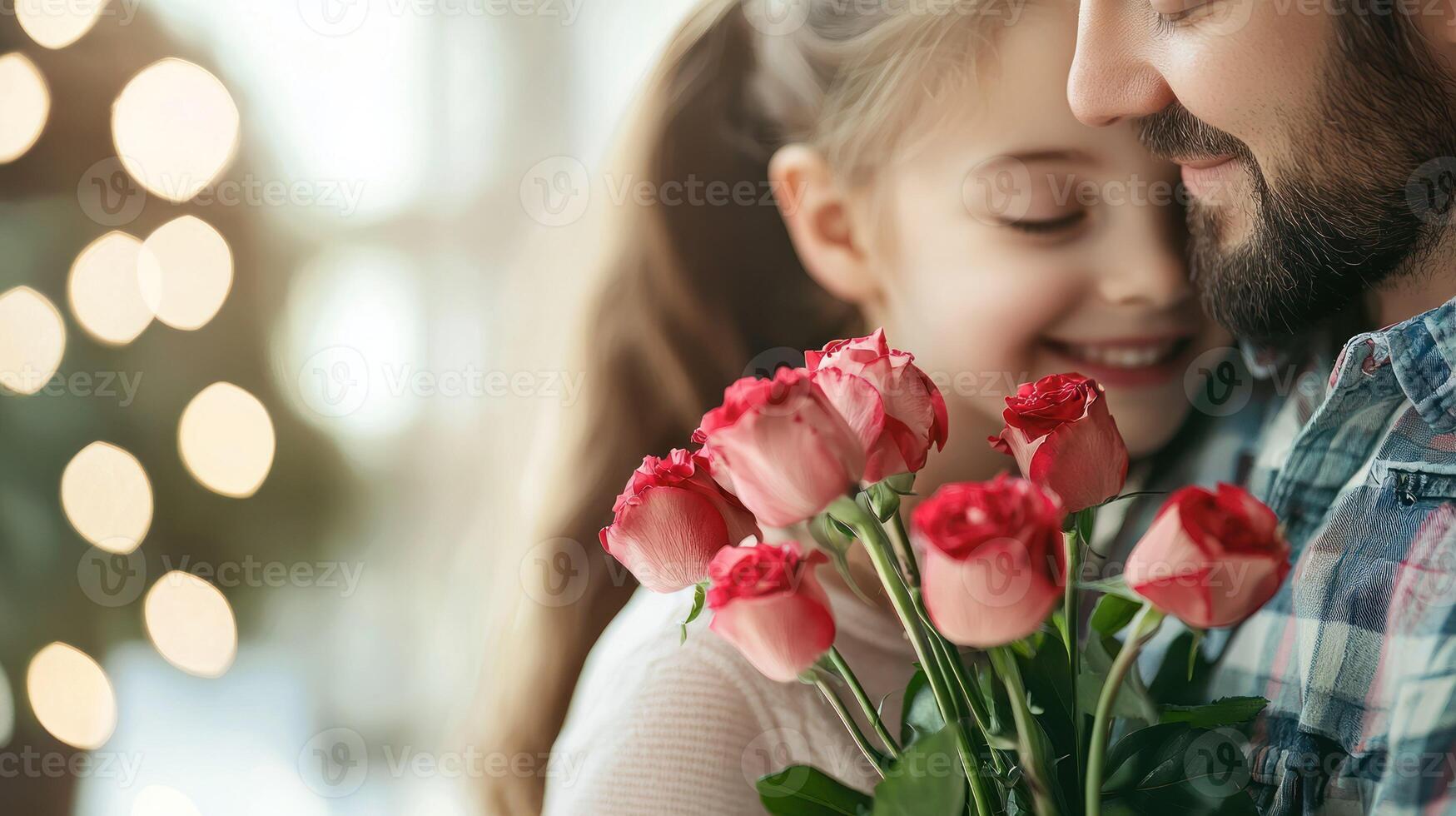 A father and daughter embracing with a bouquet of pink roses in front of a blurred Christmas tree with lights. photo