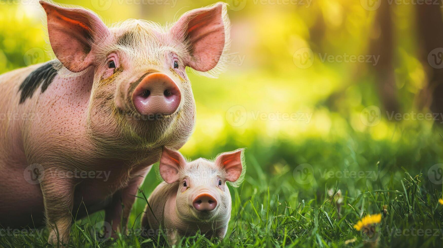 Two piglets standing in a grassy field with a blurred background. photo