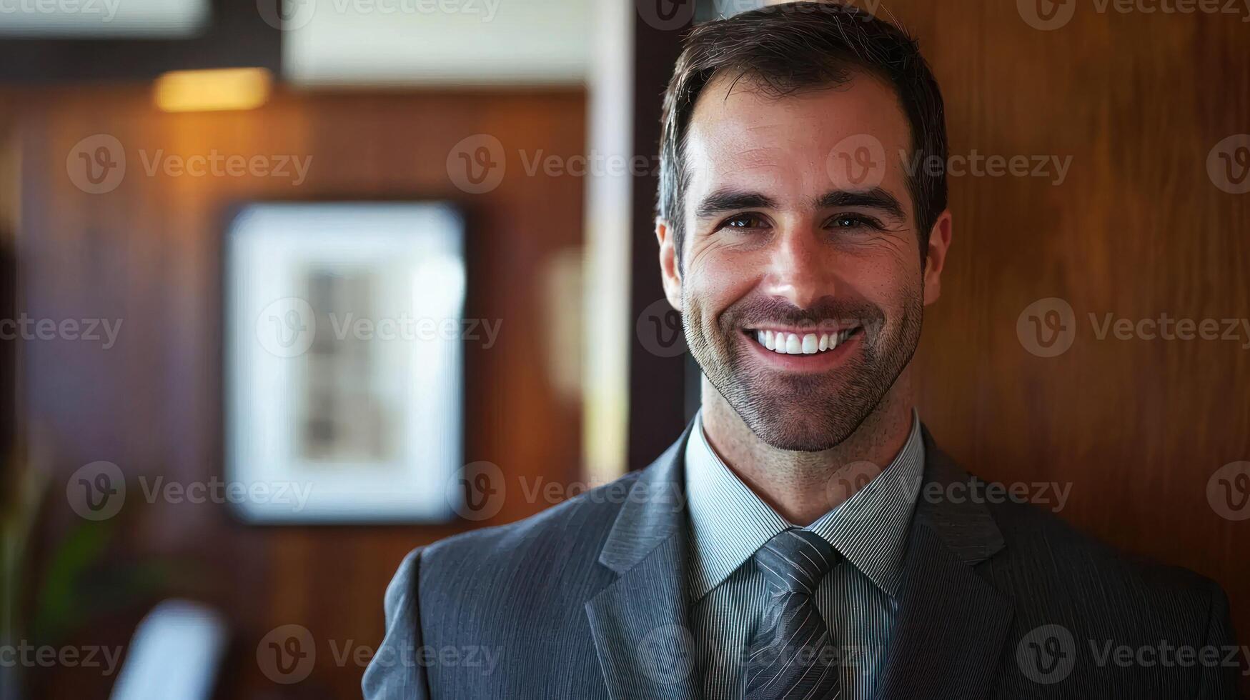 A man in a suit standing in a well-lit room with a wooden door in the background. photo