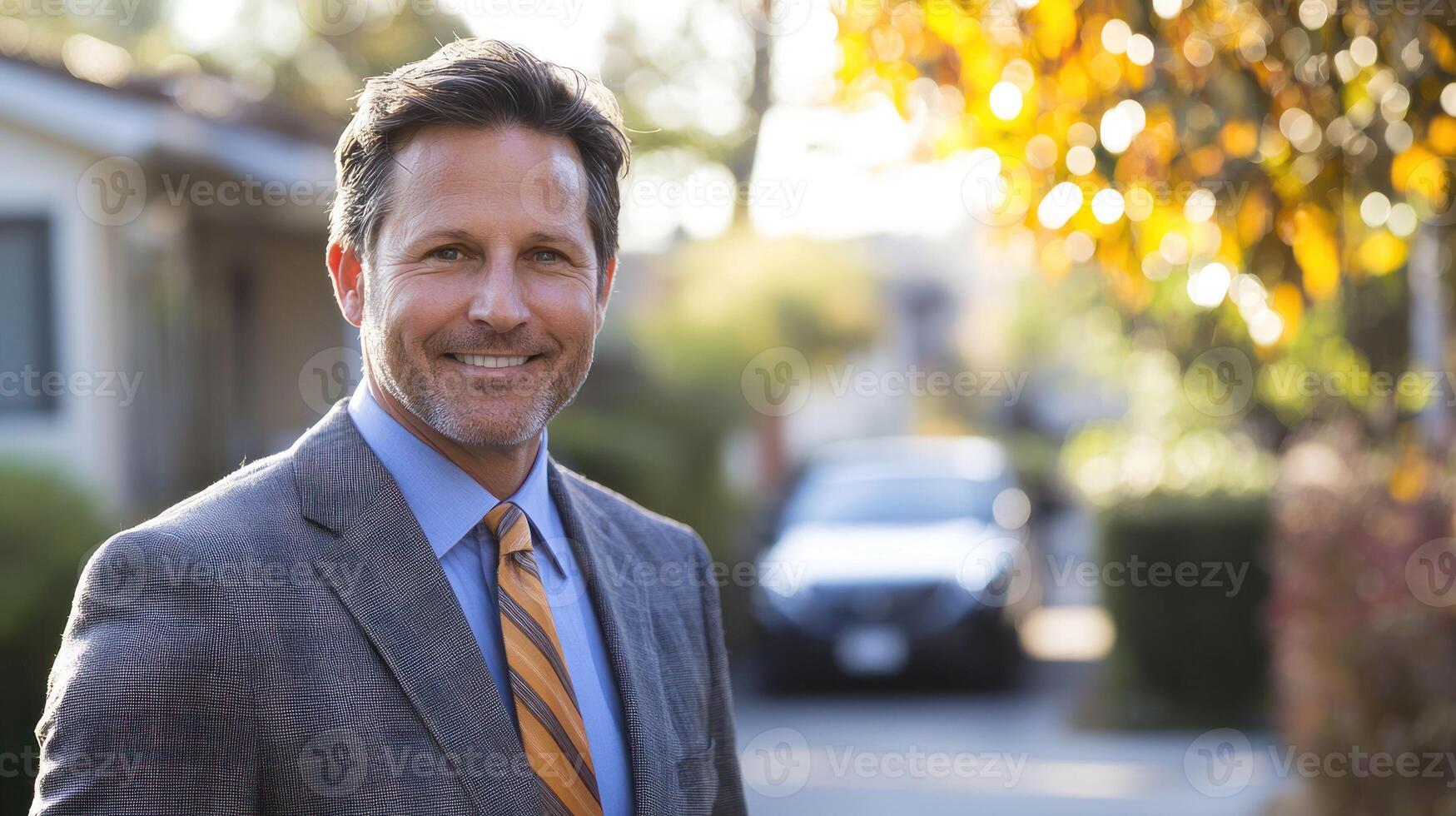 A man in a suit standing in front of a house with a car parked in the driveway. photo