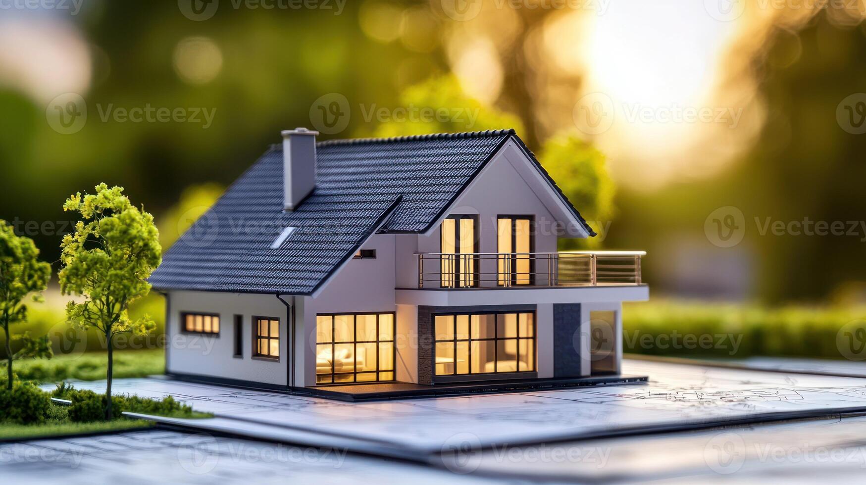 A miniature model of a house with a roof, windows, and a balcony, placed on a green lawn with trees in the background. photo