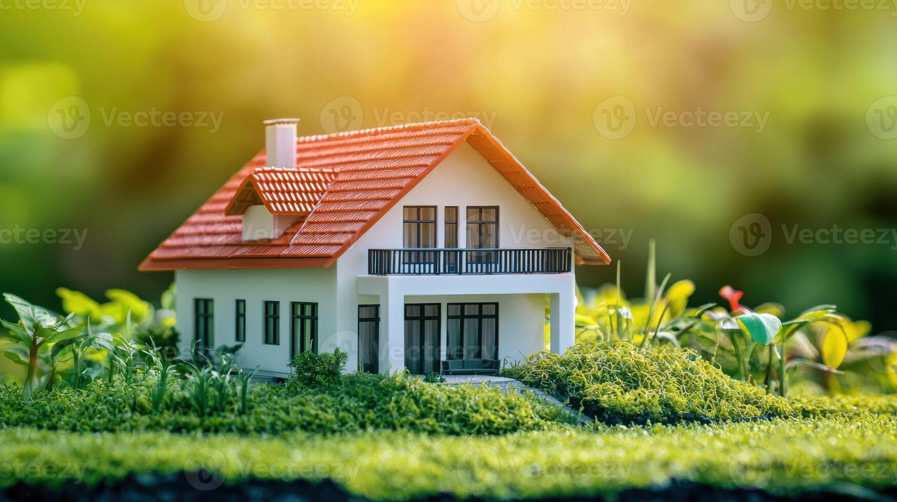 A miniature model of a house with a red roof and white walls, surrounded by green grass and plants, set against a blurred green background with a sunlit area in the background. photo