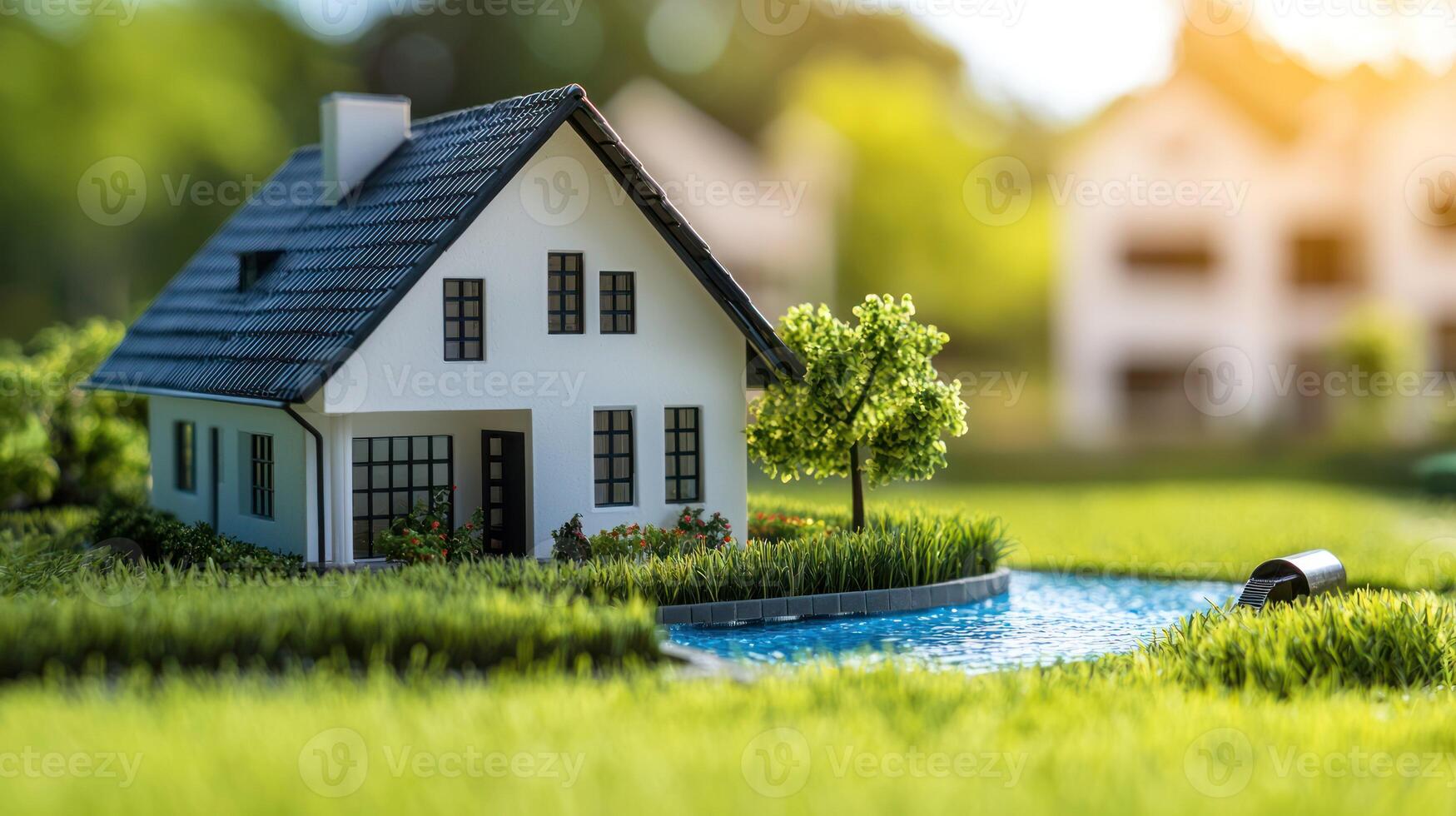 A miniature model of a house with a green roof and a small tree in a grassy yard with a pond. photo