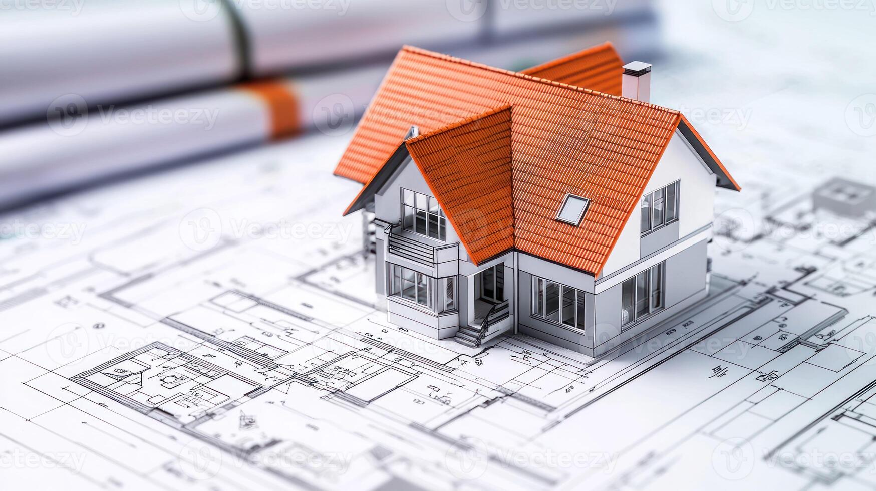 A miniature model house with a red roof and white walls, placed on top of a blueprint with a blue background. photo