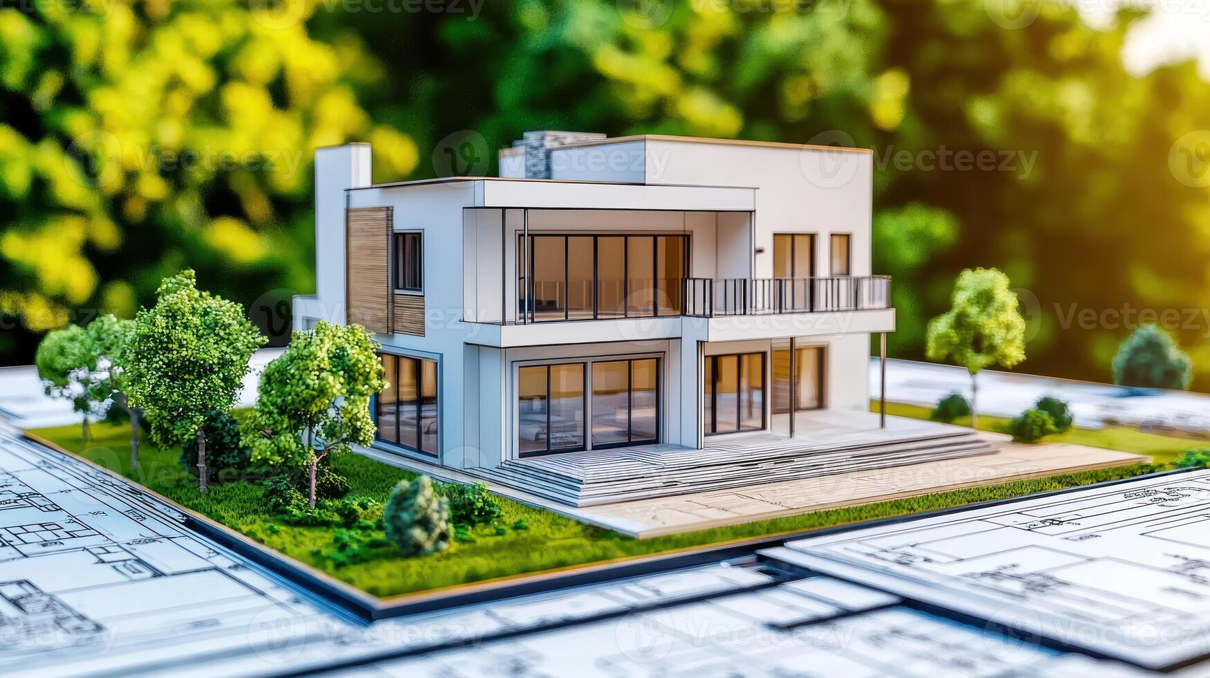 A miniature model of a modern house with a white exterior and wooden accents, placed on a green lawn with trees in the background. photo