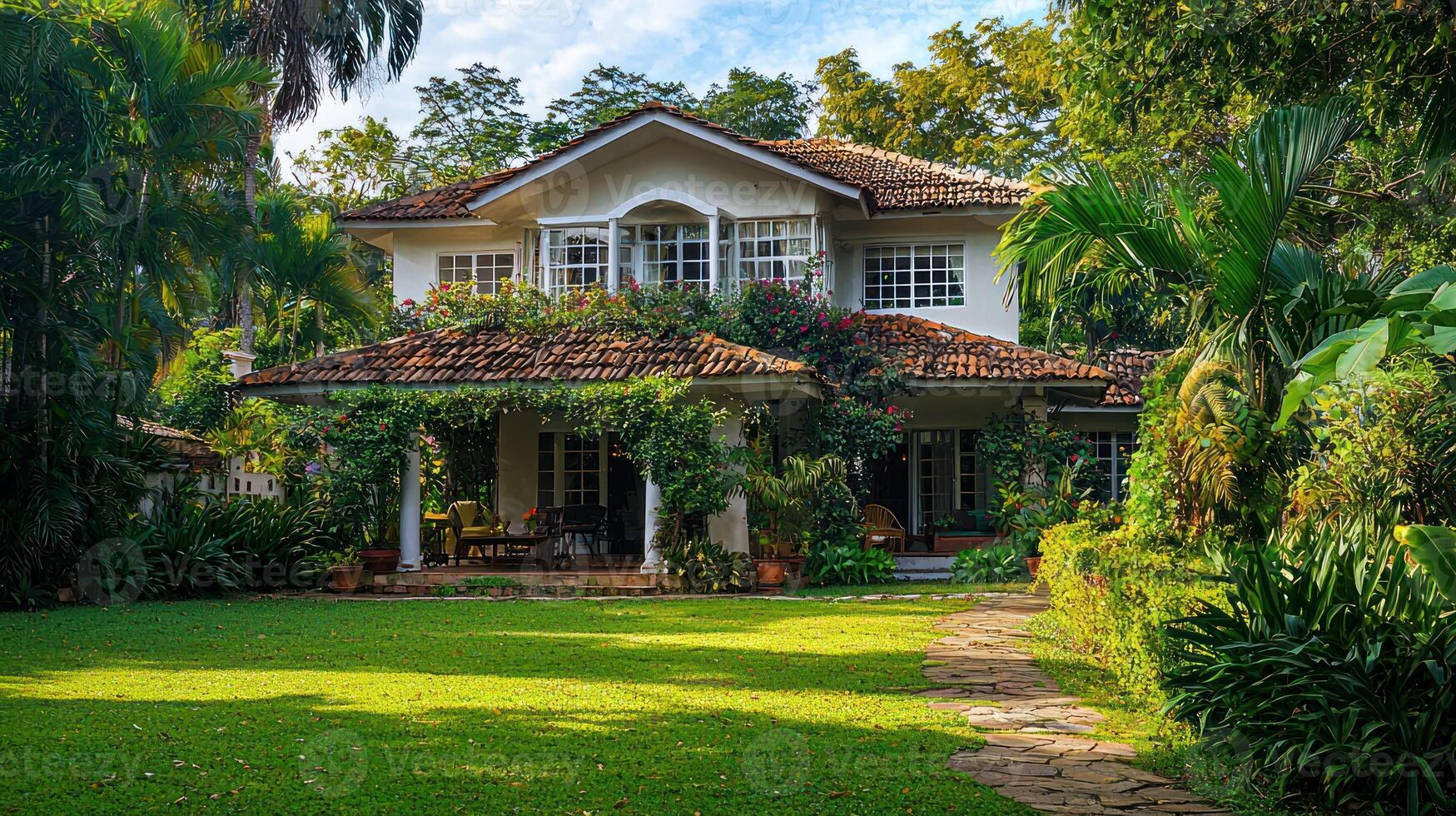 A large, white, two-story house with a tiled roof and a lush green lawn in front. photo