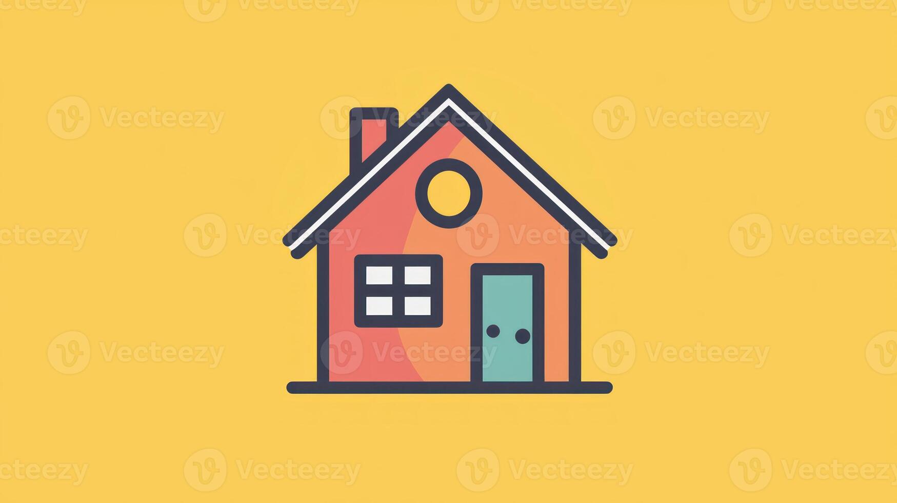 A colorful illustration of a house with a red roof and a chimney, set against a yellow background. photo
