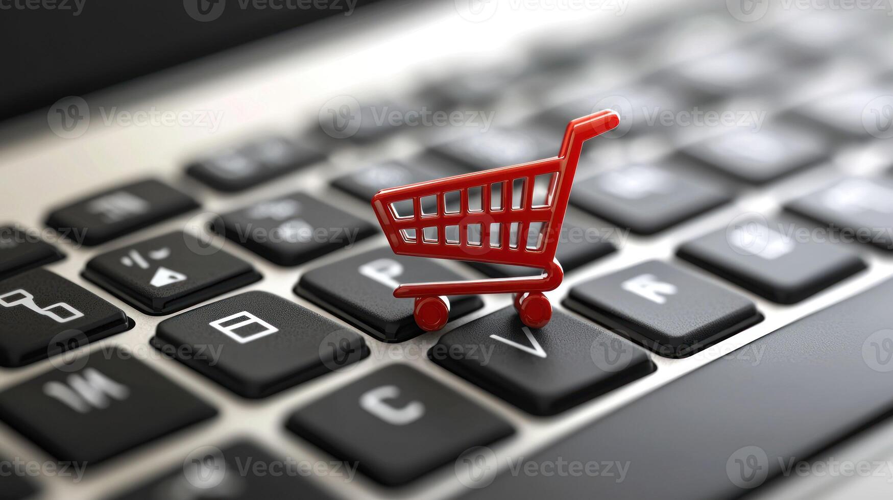 A red shopping cart icon on a laptop keyboard. photo