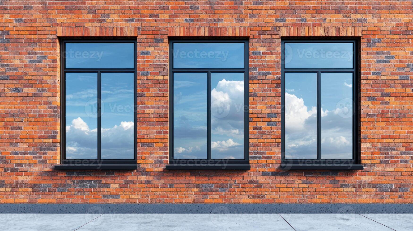 Three windows with black frames and red brick walls, reflecting a blue sky with white clouds. photo