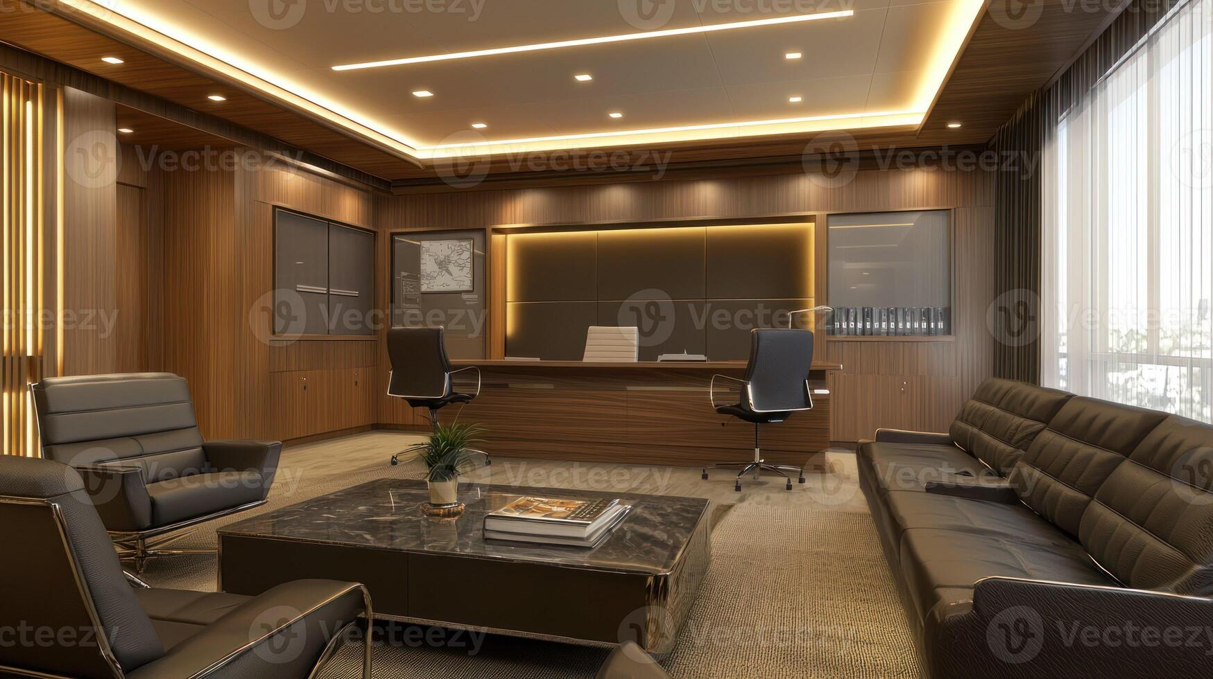 A spacious office with a wooden desk, chairs, and a large sofa in the foreground, with a window and a view of the city in the background. photo