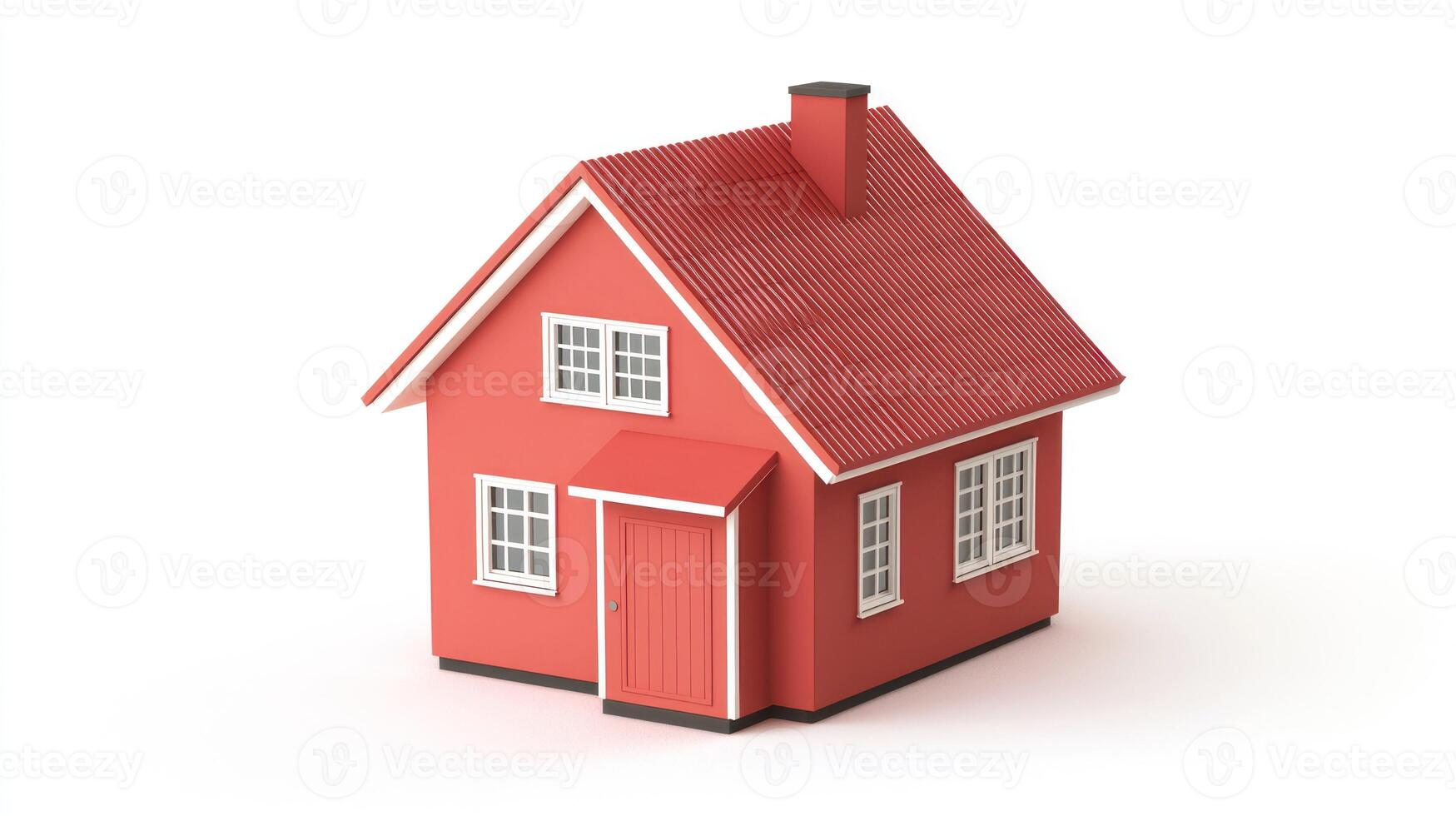 A red house with a red roof and white trim, standing on a white background with a white door and windows. photo