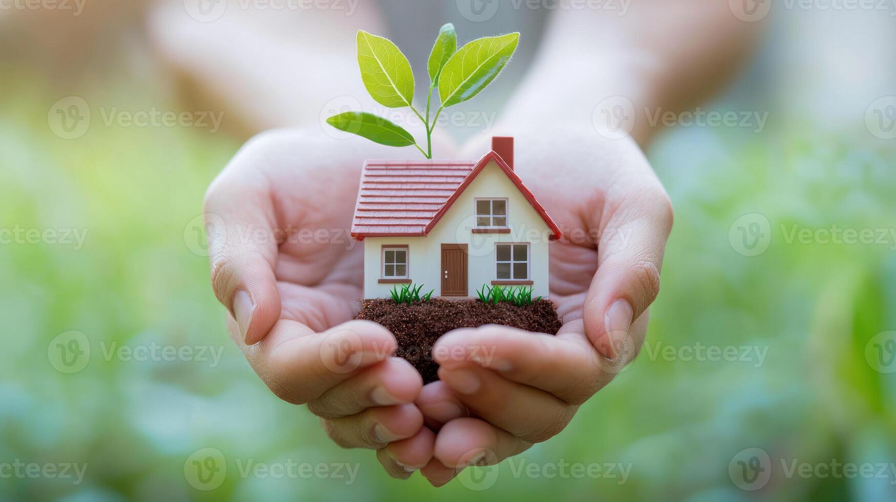 Hands holding a miniature house with a green leaf on top, surrounded by greenery in the background. photo