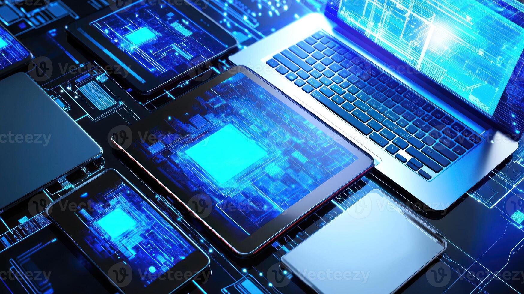A laptop and tablet computer on a dark blue and black background with glowing blue and black lights. photo