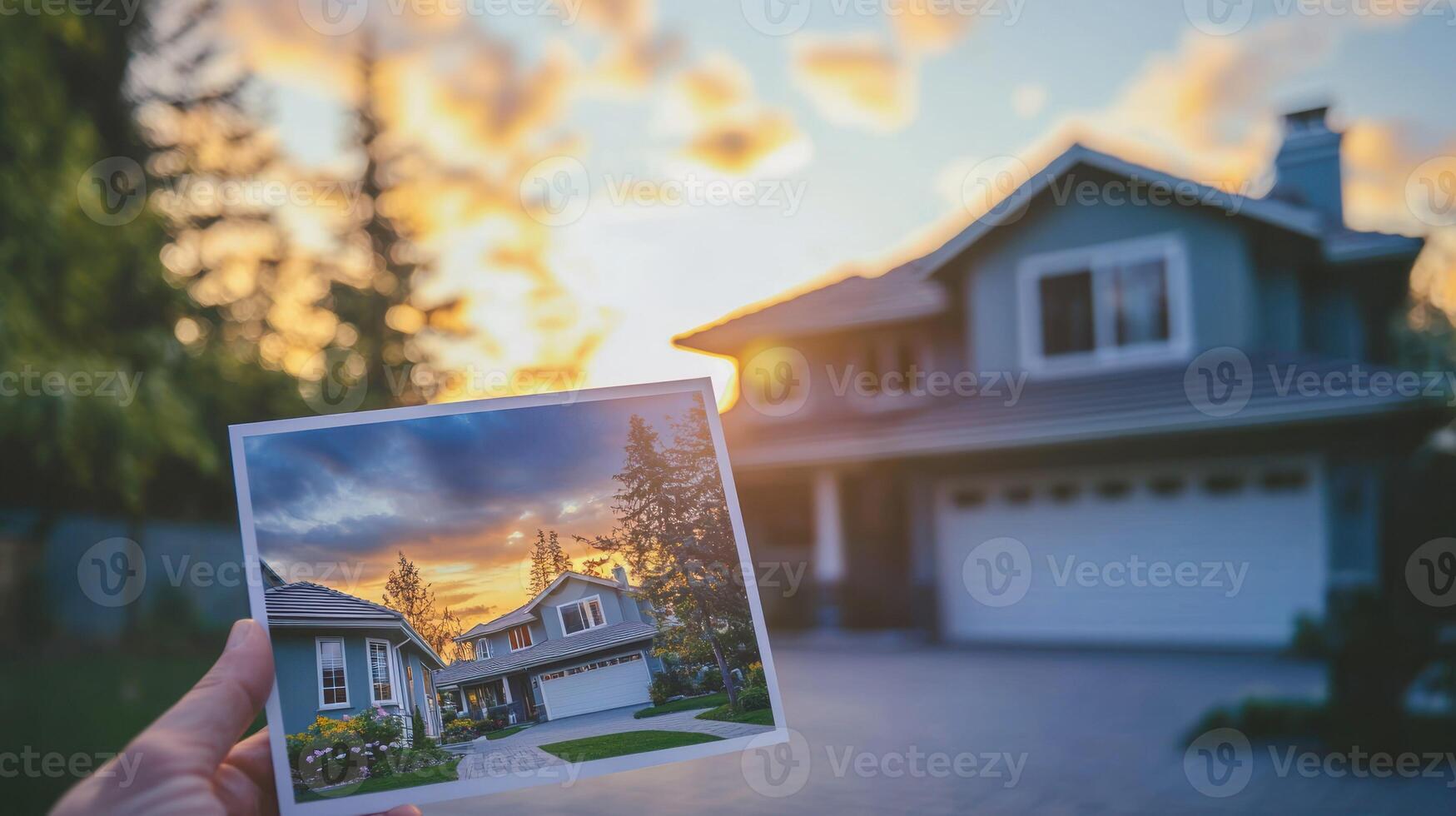 A hand holding a photograph of a house with a sunset in the background, in front of a blurred house with a driveway and trees. photo