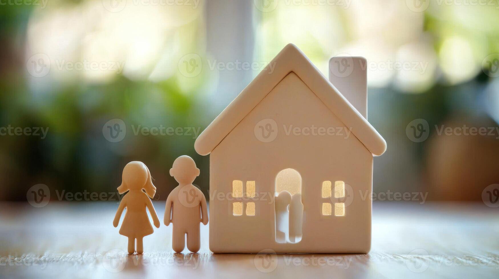 A wooden house with a family standing in front of it, with a green and white background photo