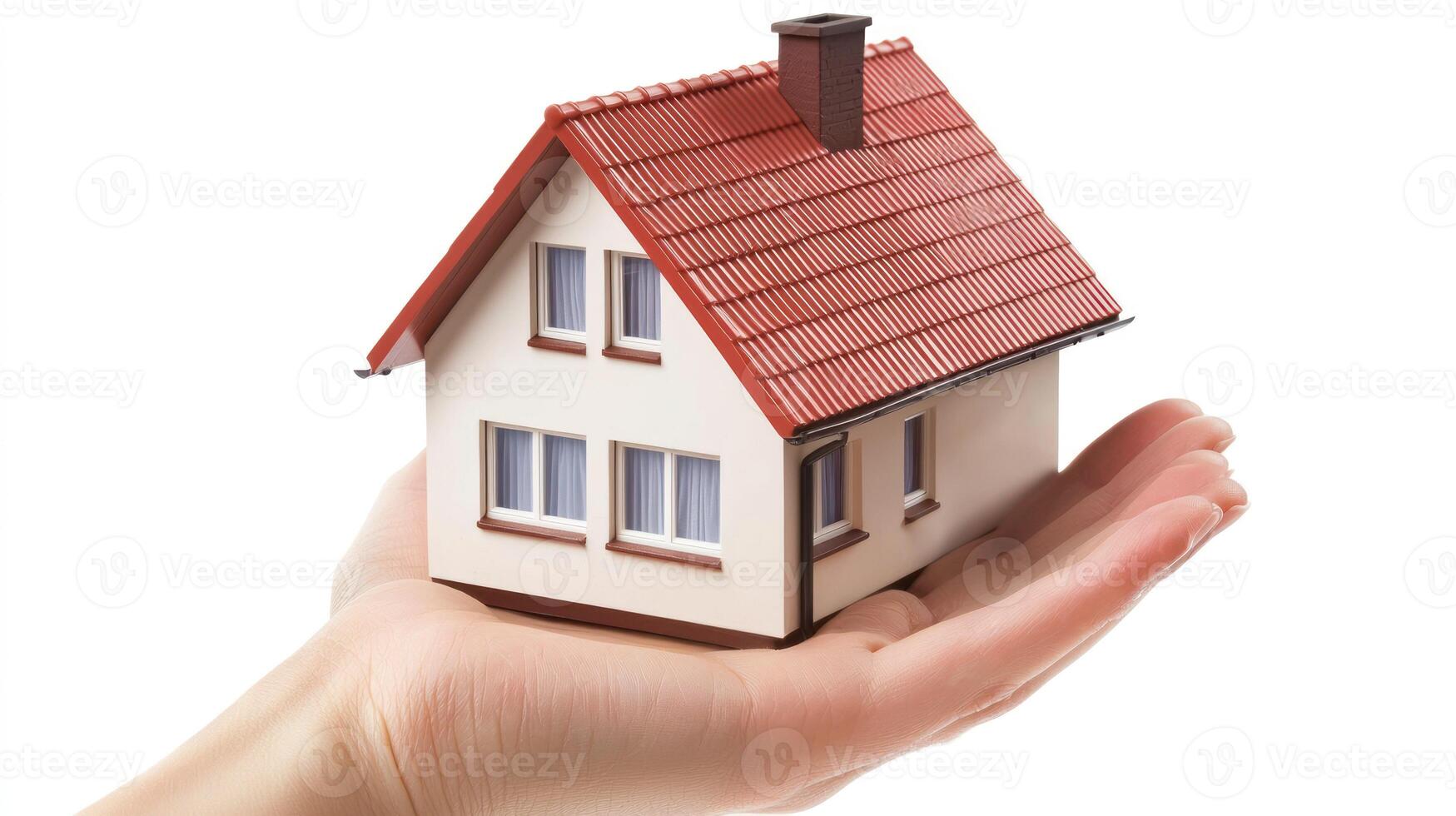 A hand holding a small, white, toy house with a red roof and windows, placed on a white background. photo
