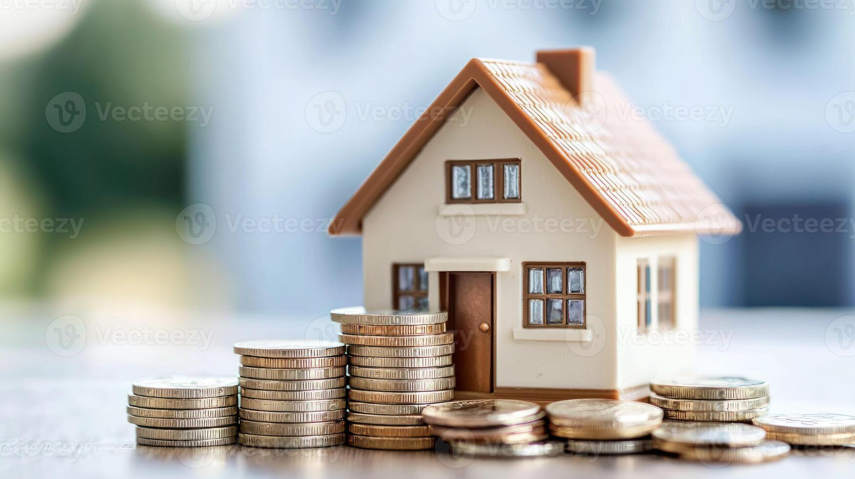 A miniature model house with a roof and windows, placed on a wooden table with a stack of coins in front of it. photo